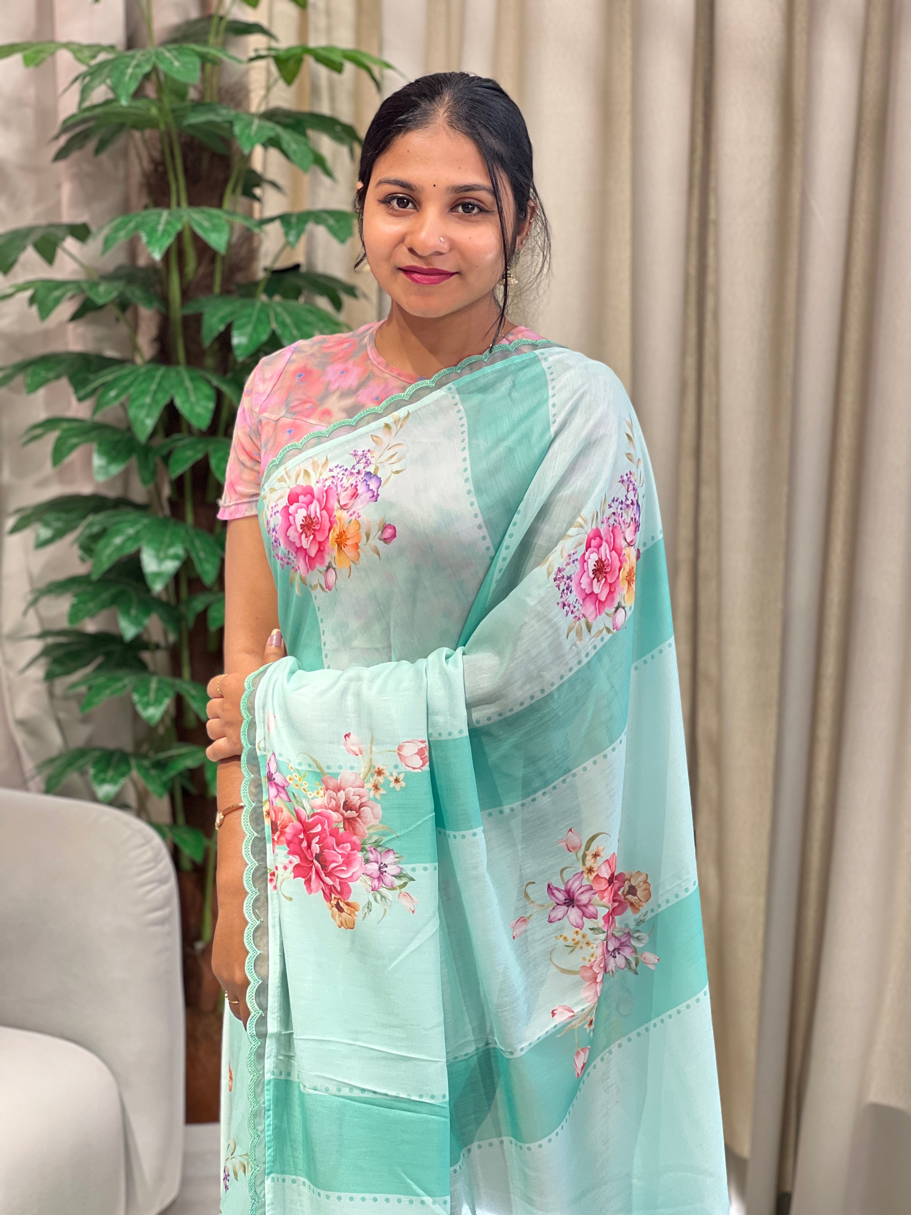 Floral Printed Semi Chanderi Saree | HT289