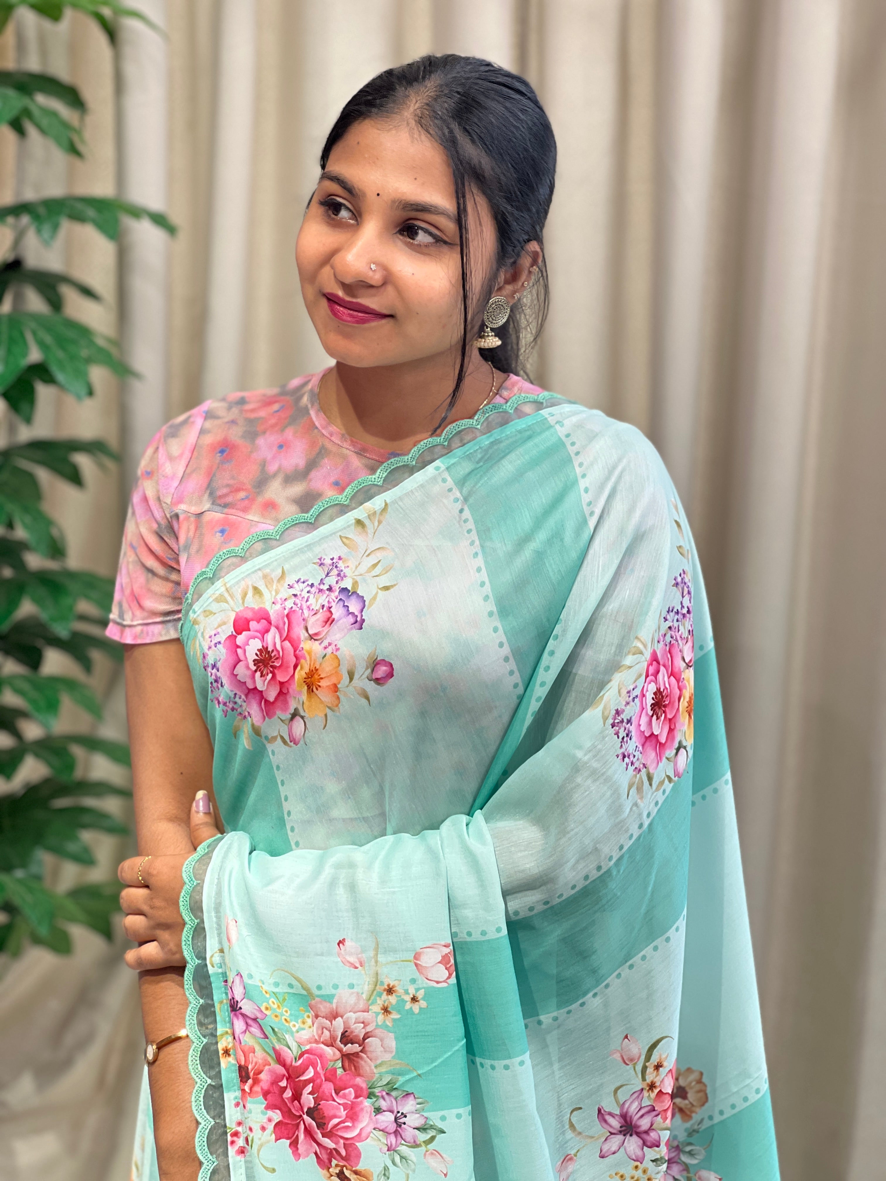 Floral Printed Semi Chanderi Saree | HT289