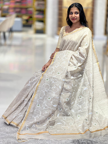Basbara Silk Saree With Floral Thread Embroidery | US237