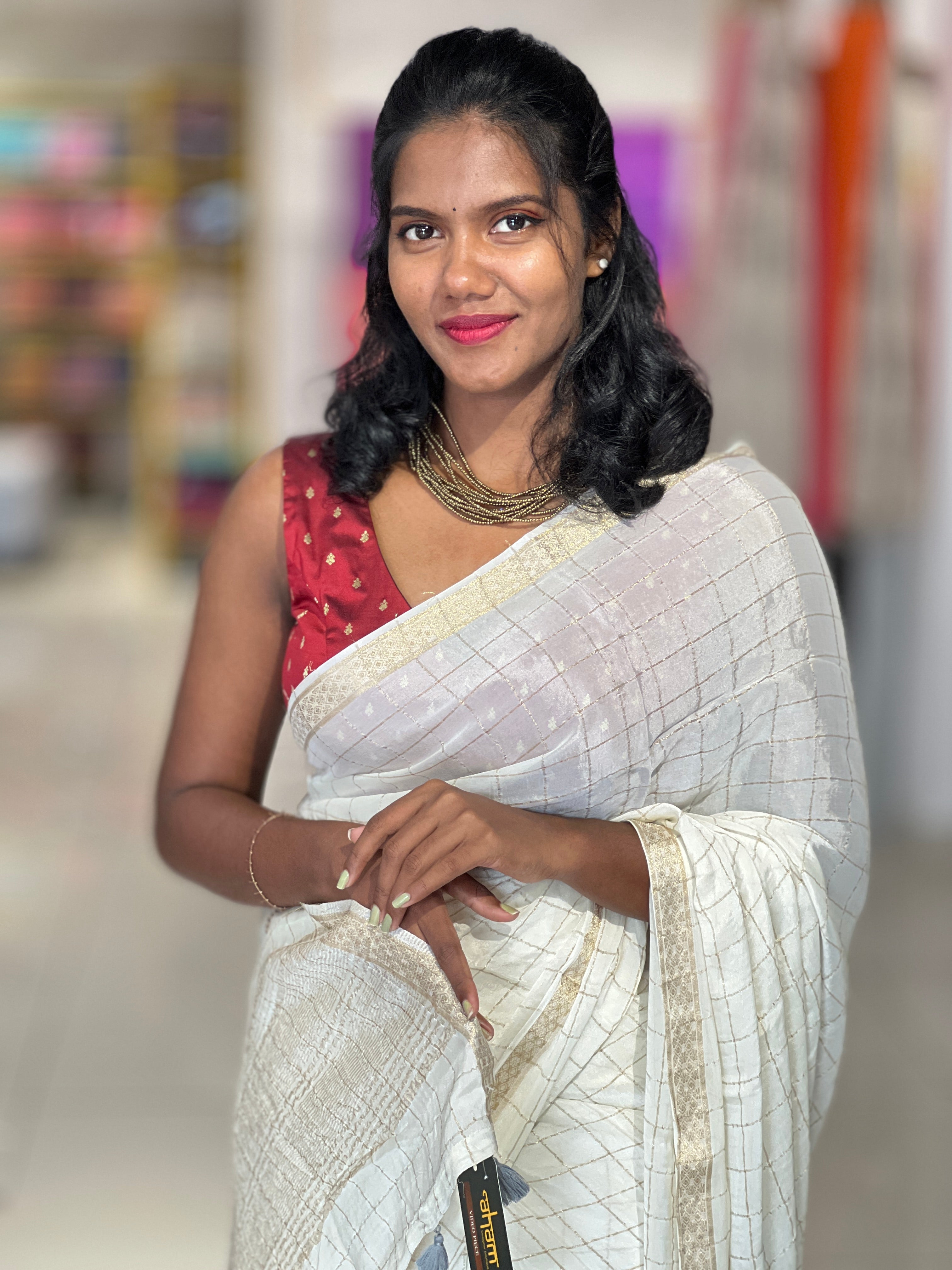 Zari Check Weaving Pattern Crispy Georgette Saree | DVS159