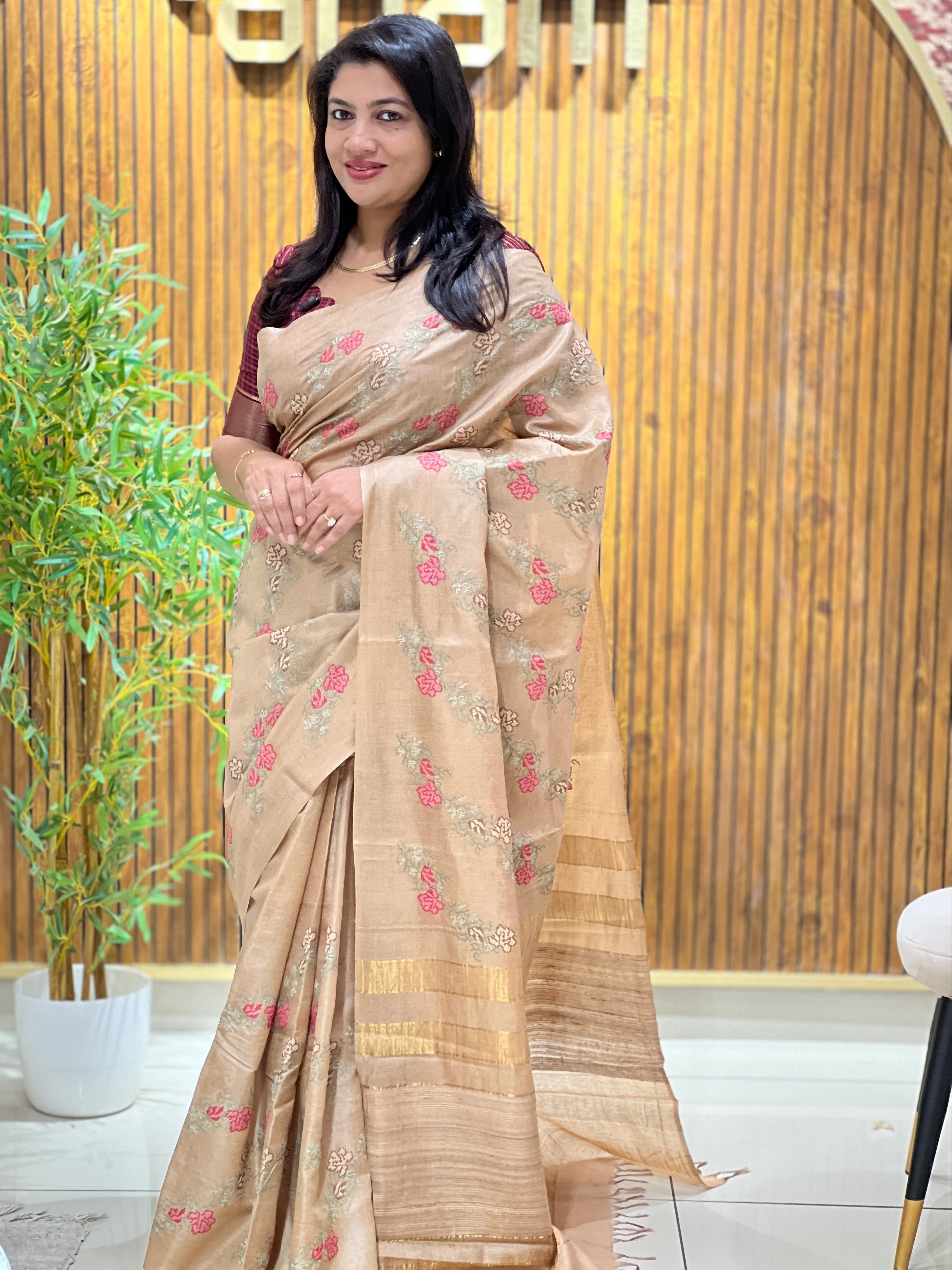 Cross Stitch Embroidery Noil Tussar Saree |  HS1401