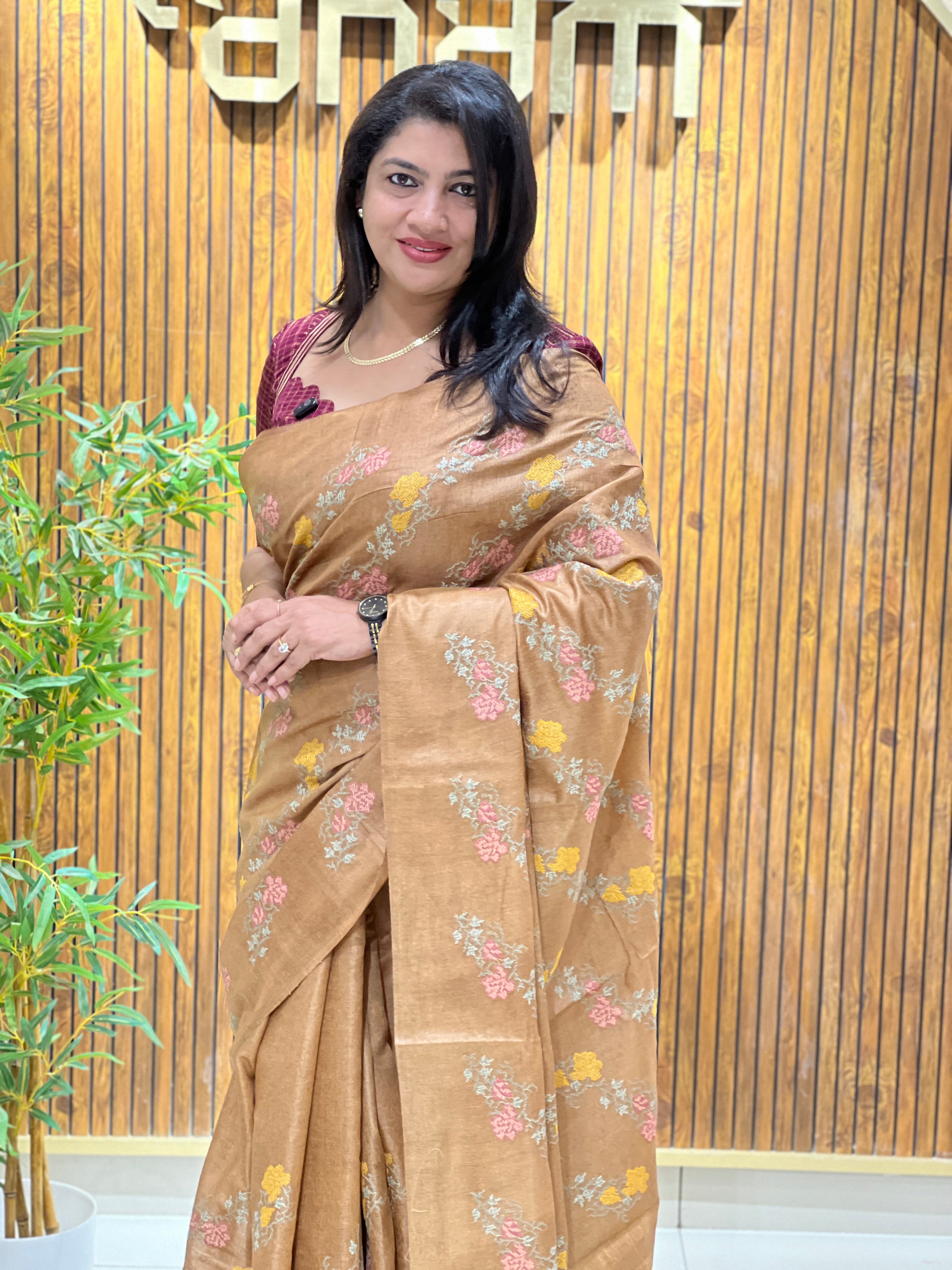 Cross Stitch Embroidery Noil Tussar Saree | HS1404