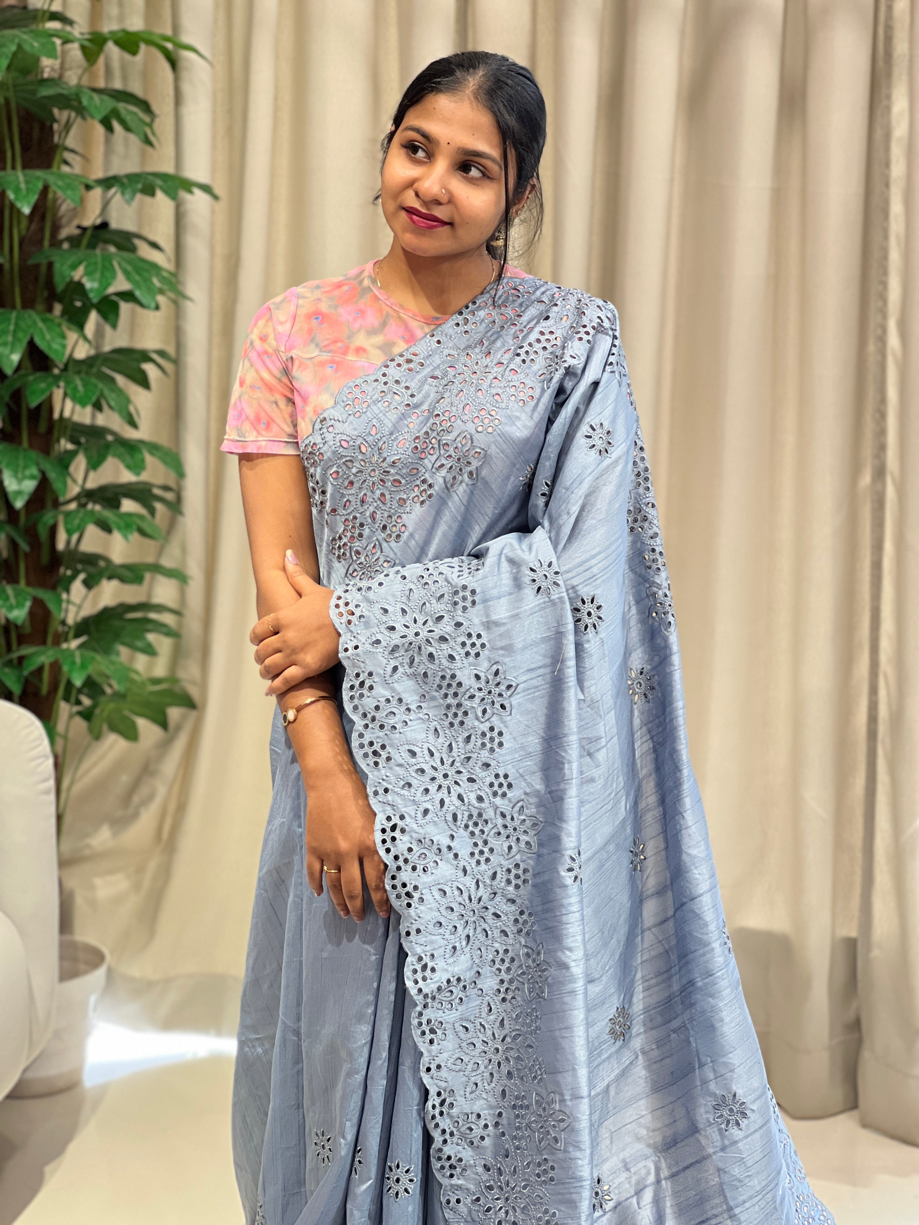 Floral Cutwork Detailed Semi Tussar Saree | RP779