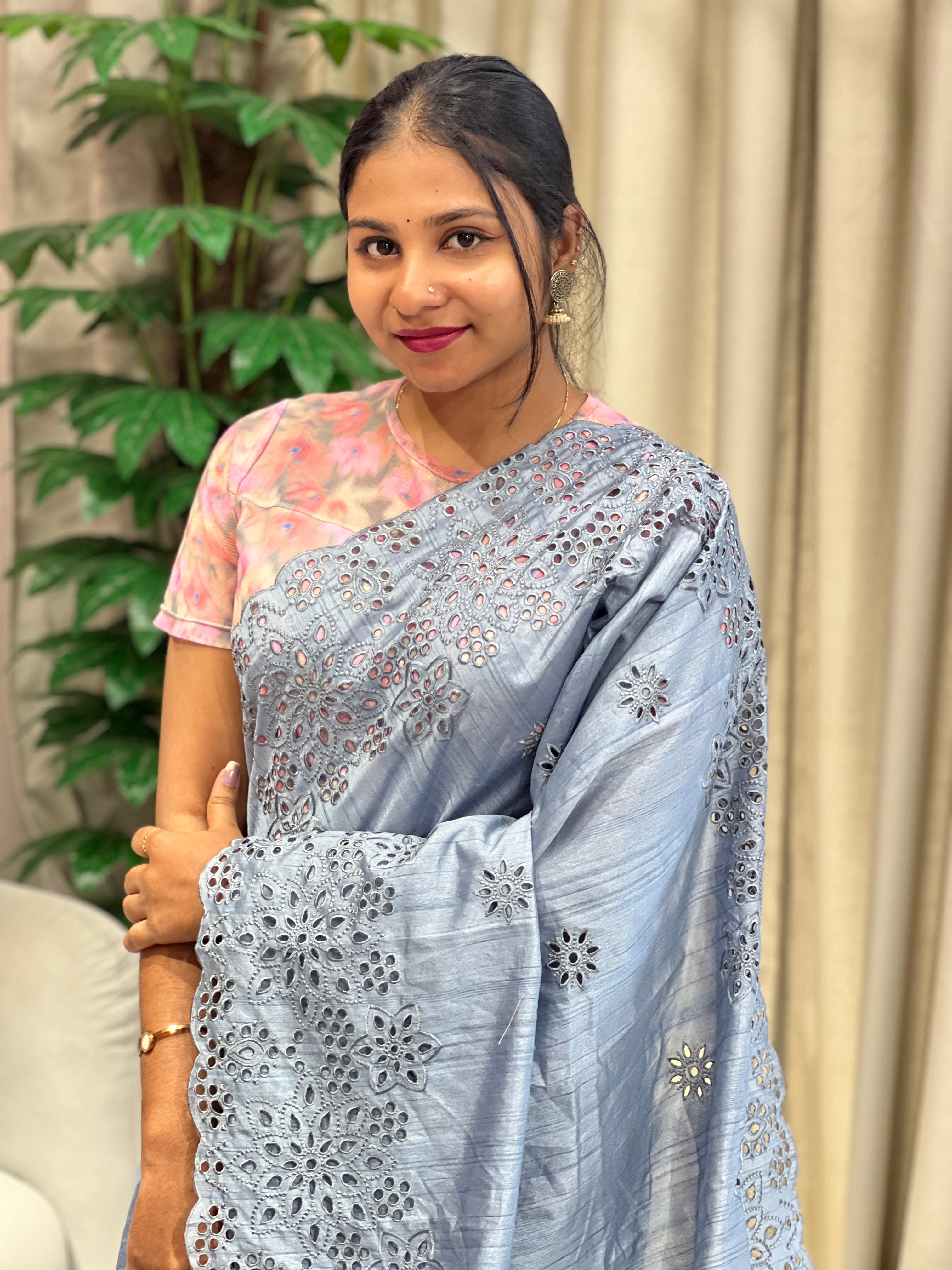 Floral Cutwork Detailed Semi Tussar Saree | RP779