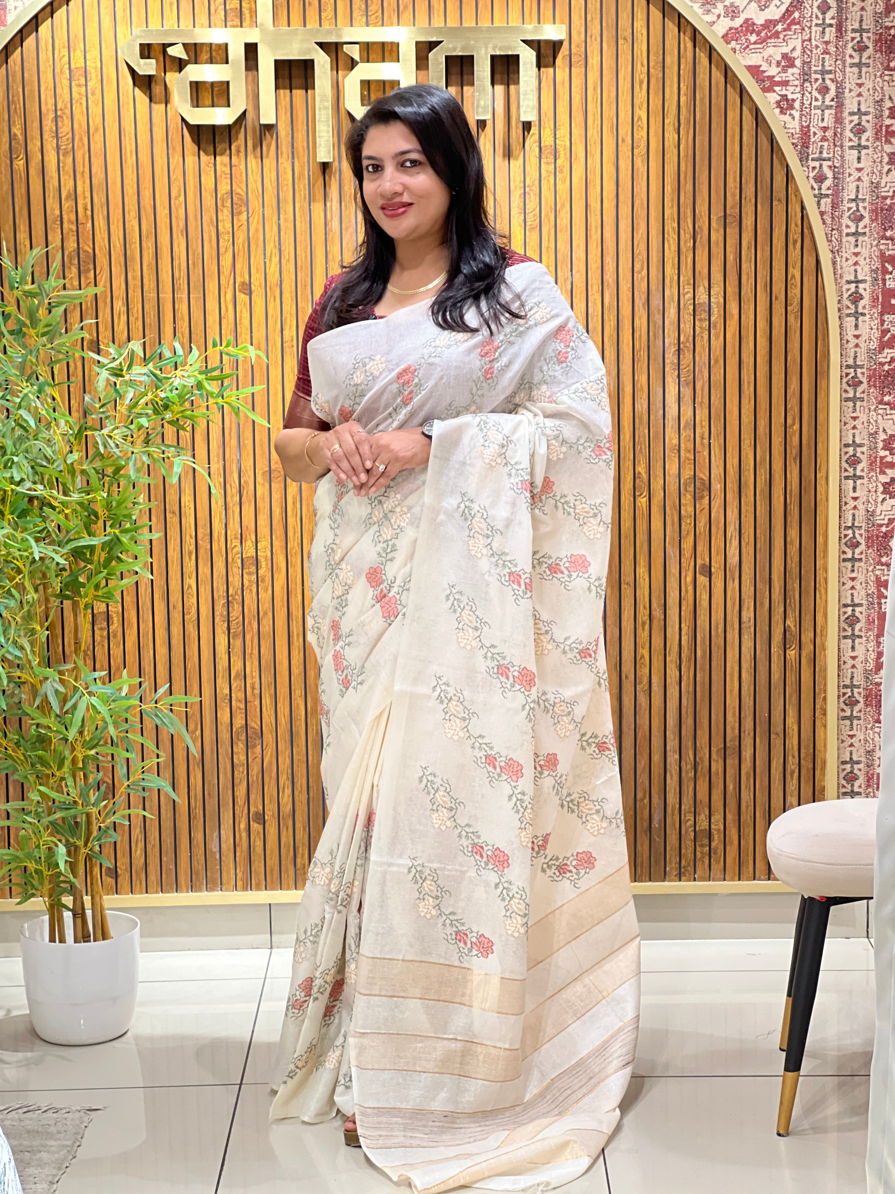 Cross Stitch Embroidery Noil Tussar Saree | HS1402