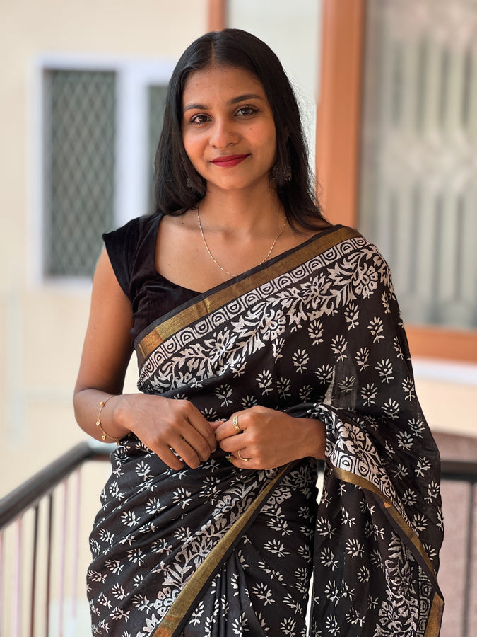 Block Printed Bhagalpuri Linen Saree | GVH104