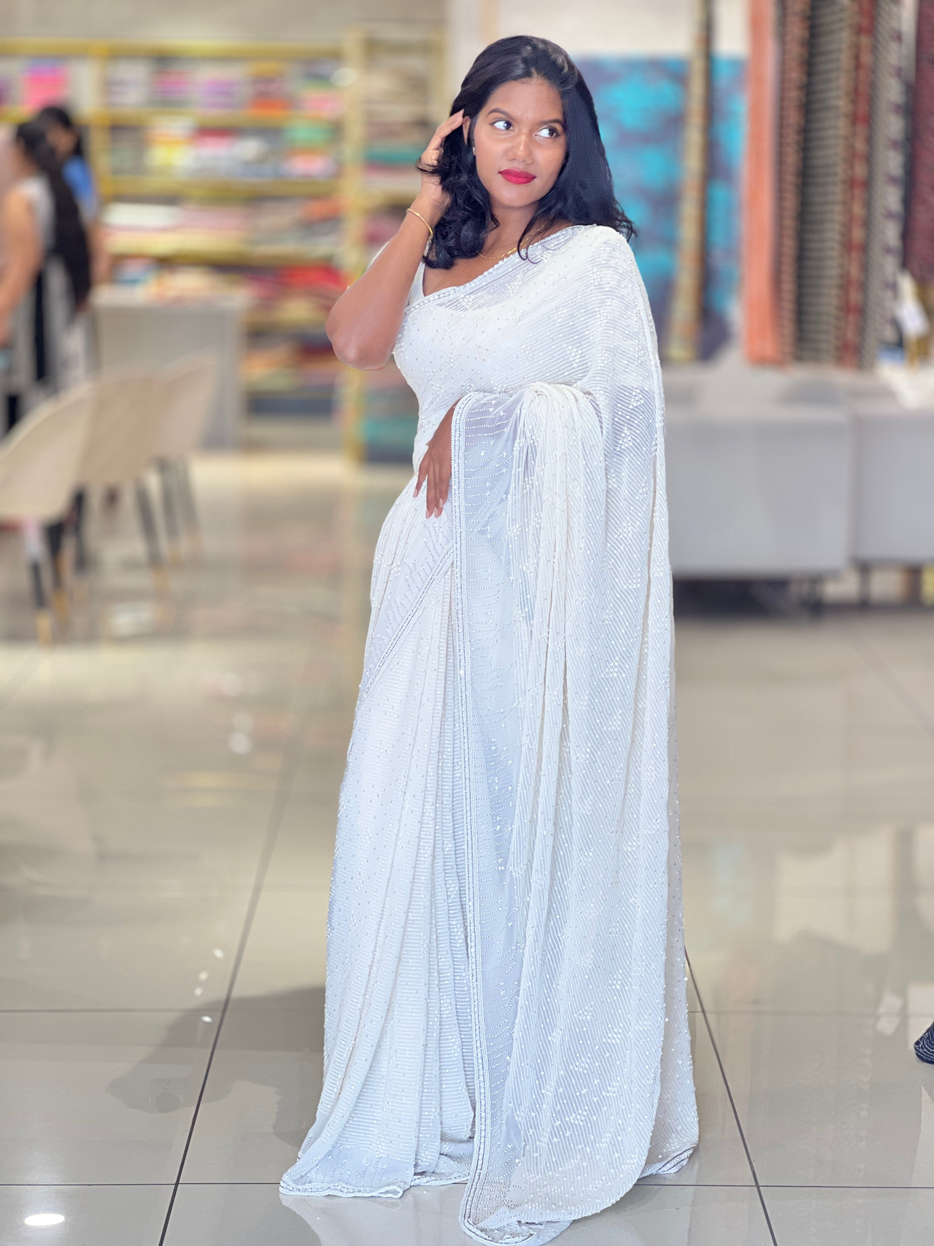 Lucknowi Embroidery With Sequins Detailed Pure Georgette Saree | AHD1907