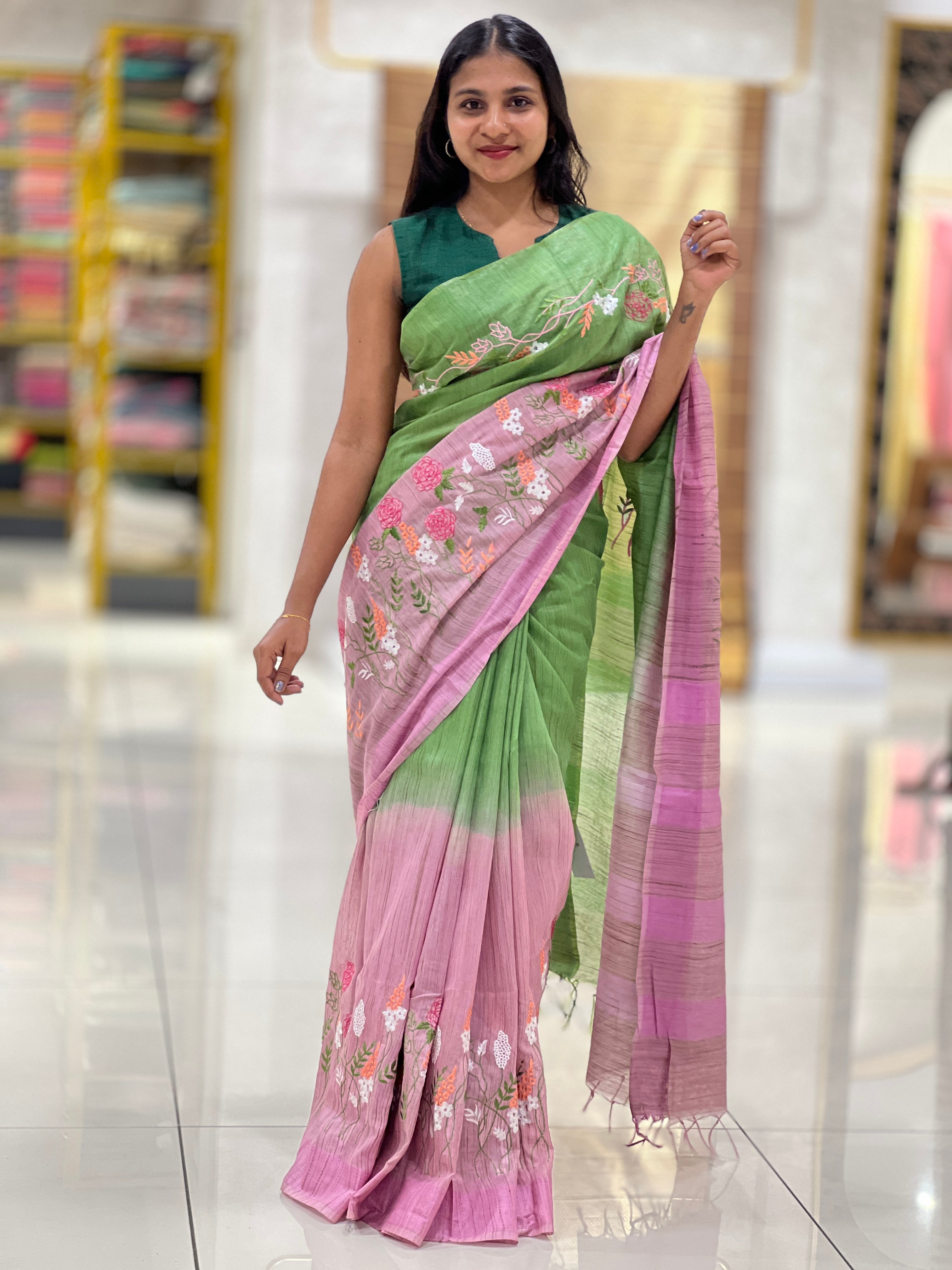 Embroidery Border Detailed Bhagalpuri Linen Saree | NHH371