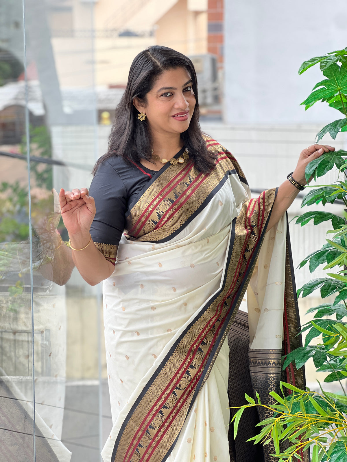 Ivory White Saree with Maroon & Antique Gold Zari Border | NAC109