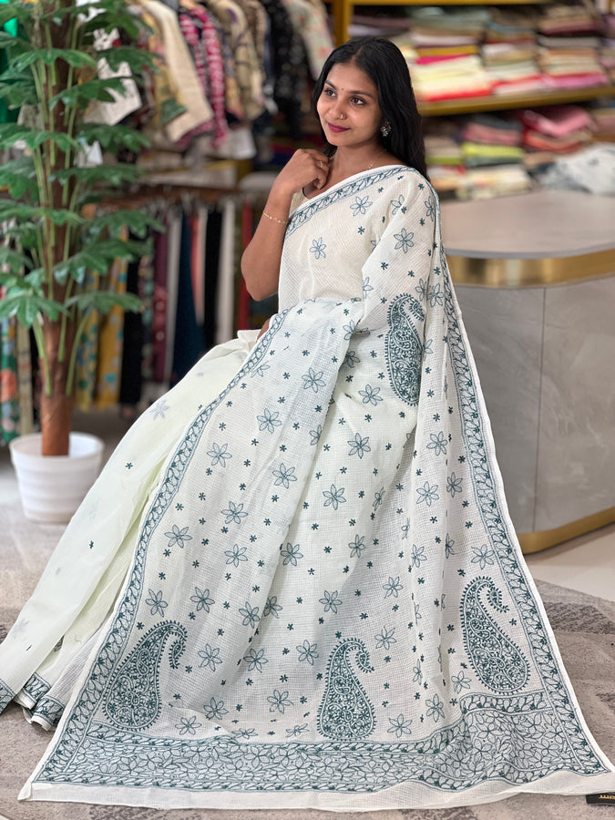 Chikankari Embroidered Check Kota Saree | TOT154