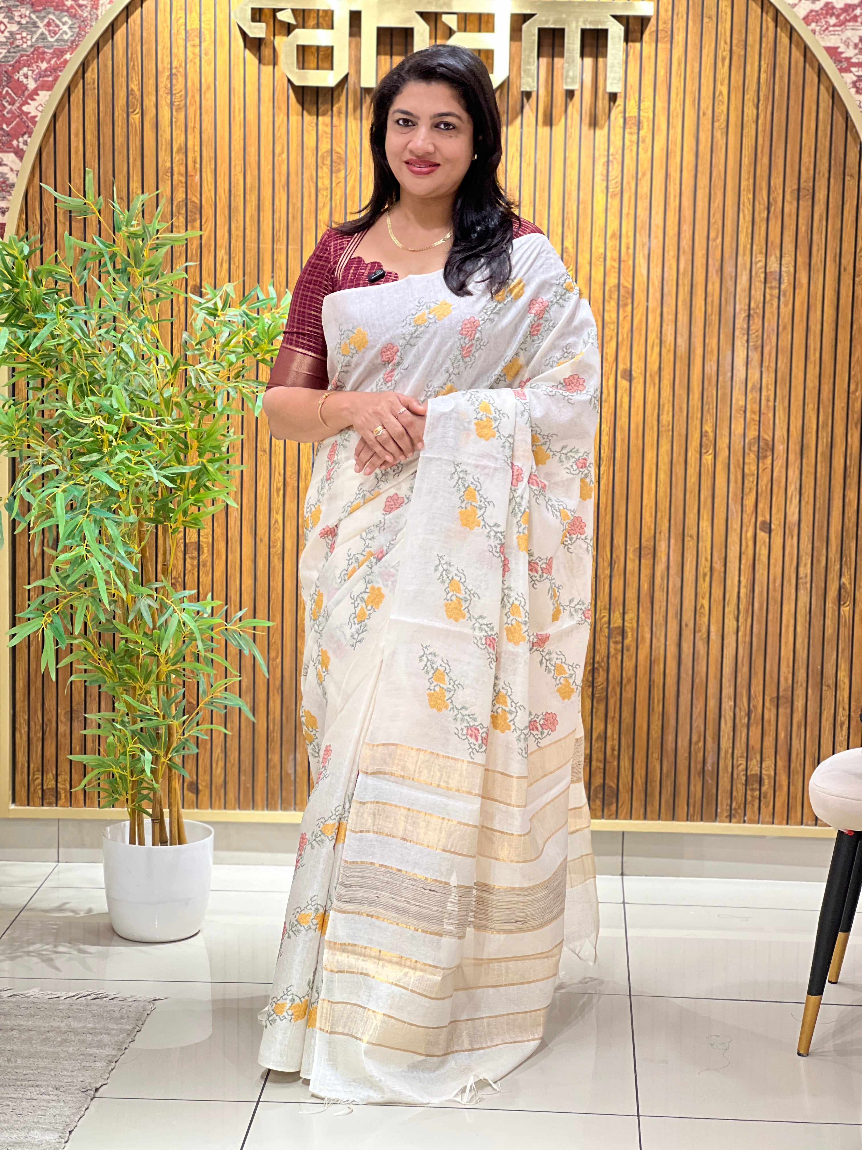 Cross Stitch Embroidery Noil Tussar Saree | HS1405