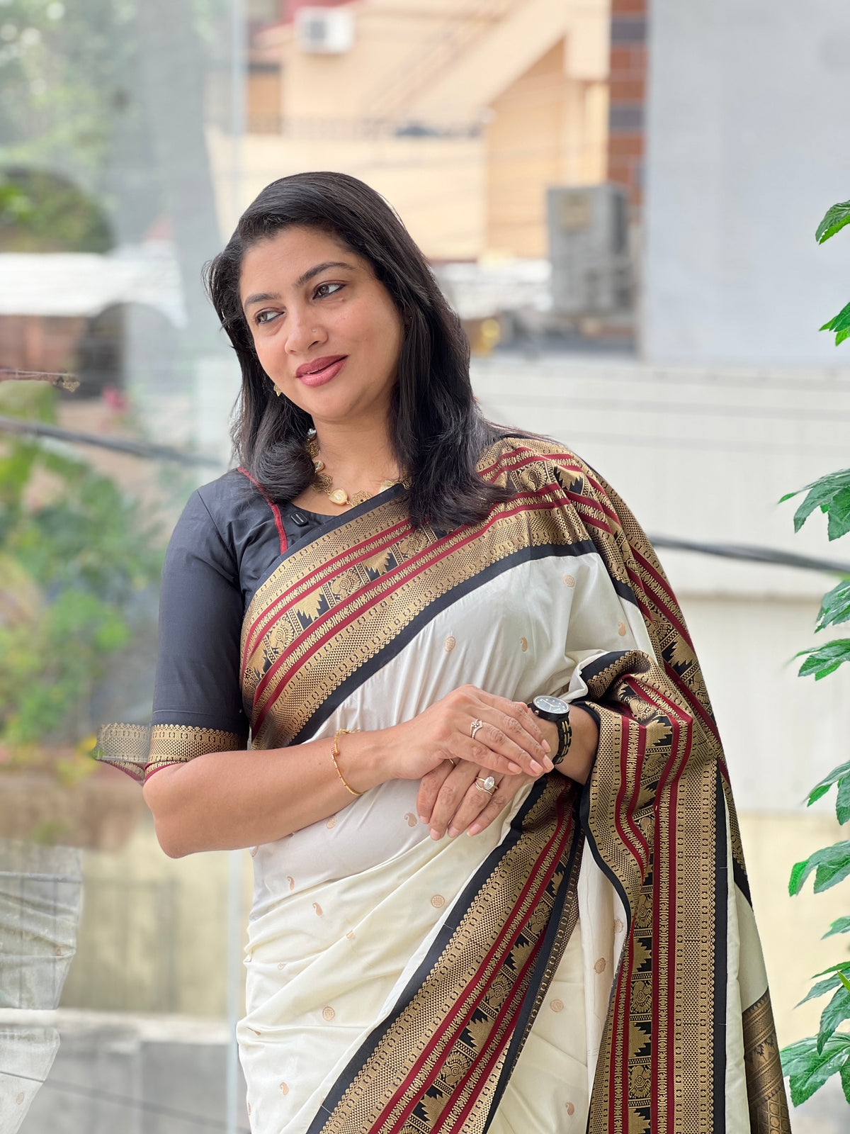 Ivory White Saree with Maroon & Antique Gold Zari Border | NAC109