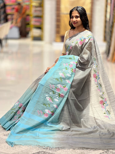 Floral Embroidered Bhagalpuri Linen Saree | NHH369