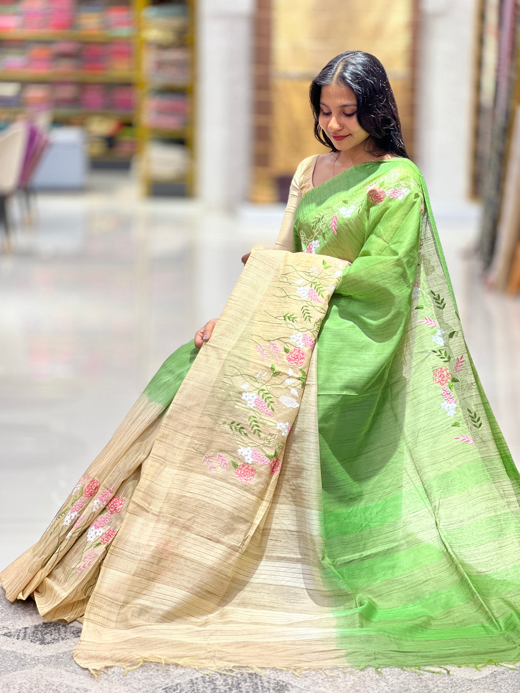 Double Shaded Embroidered Bhagalpuri Linen Saree | NHH370