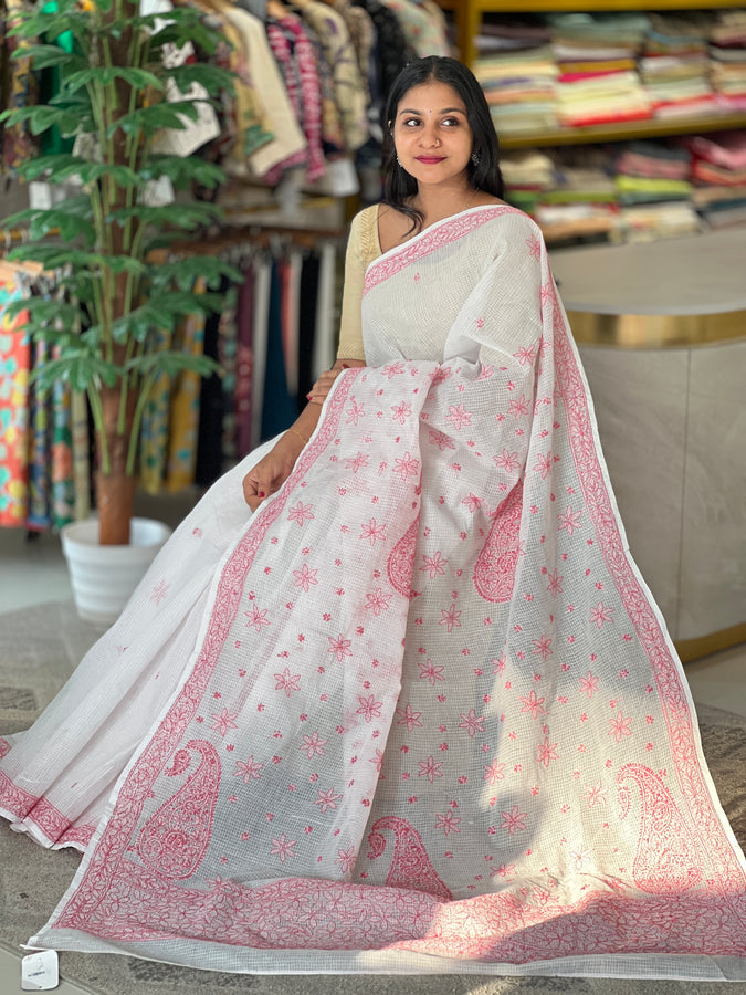 Chikankari Embroidered Check Kota Saree | TOT155