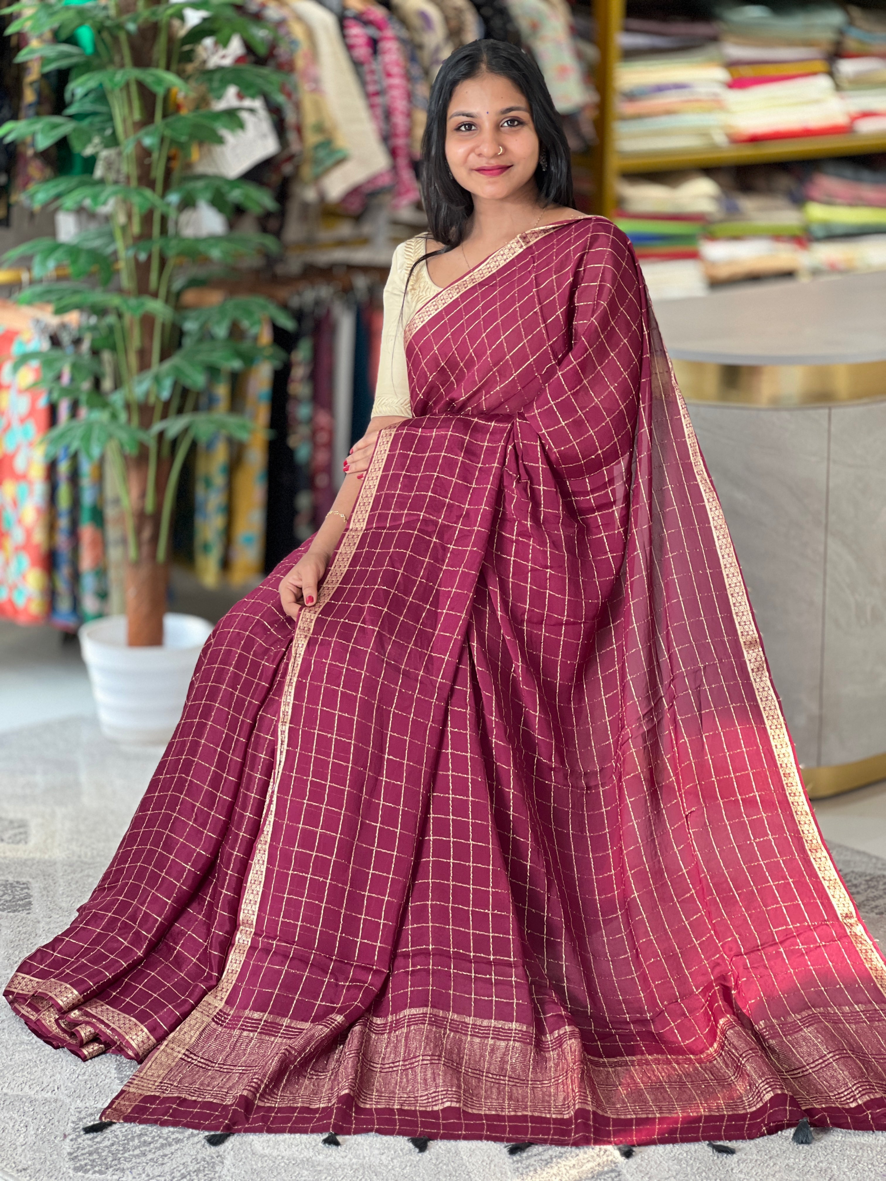 Zari Check Weaving Pattern Crispy Georgette Saree | DVS153