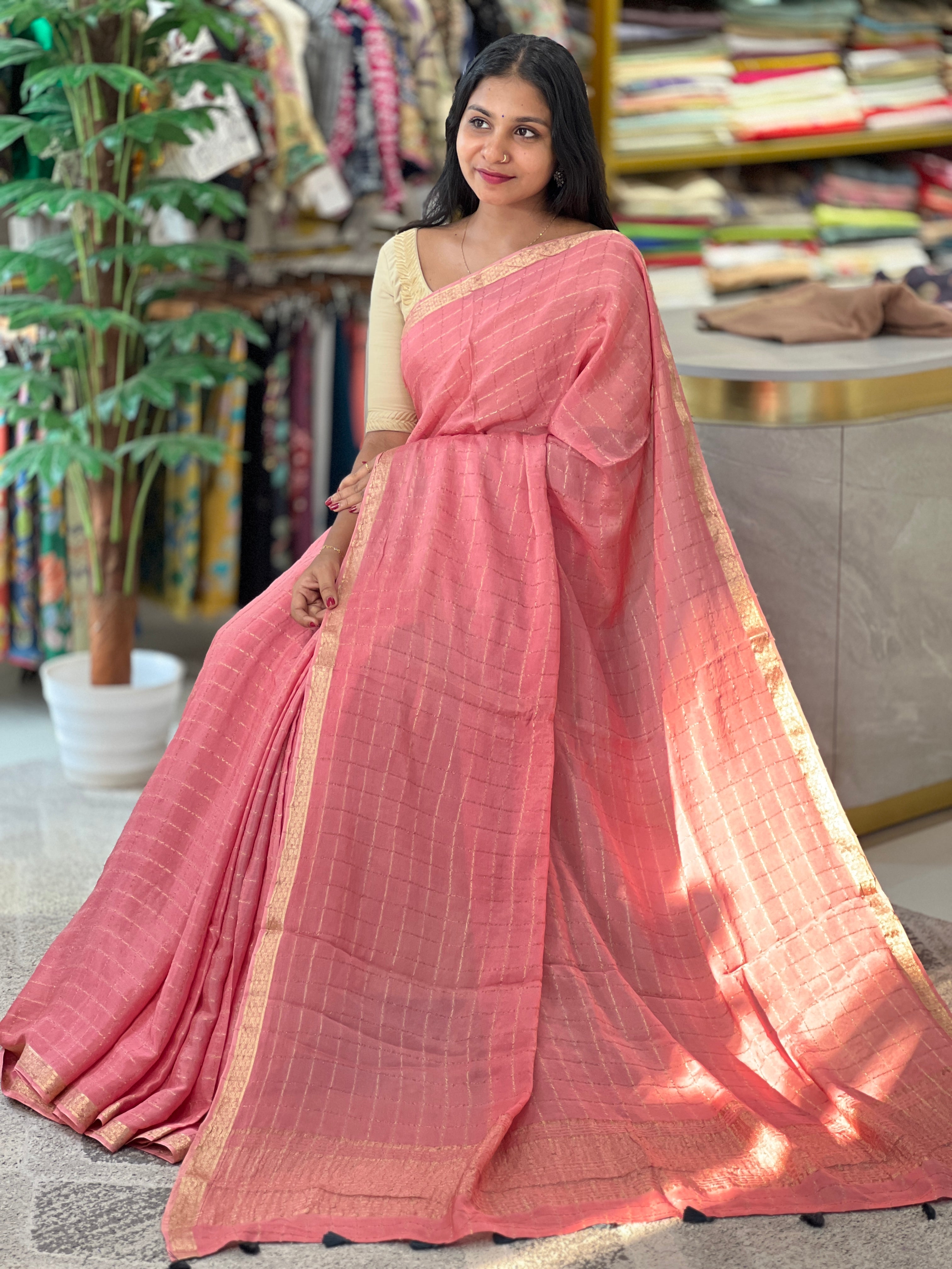 Zari Check Weaving Pattern Crispy Georgette Saree | DVS158
