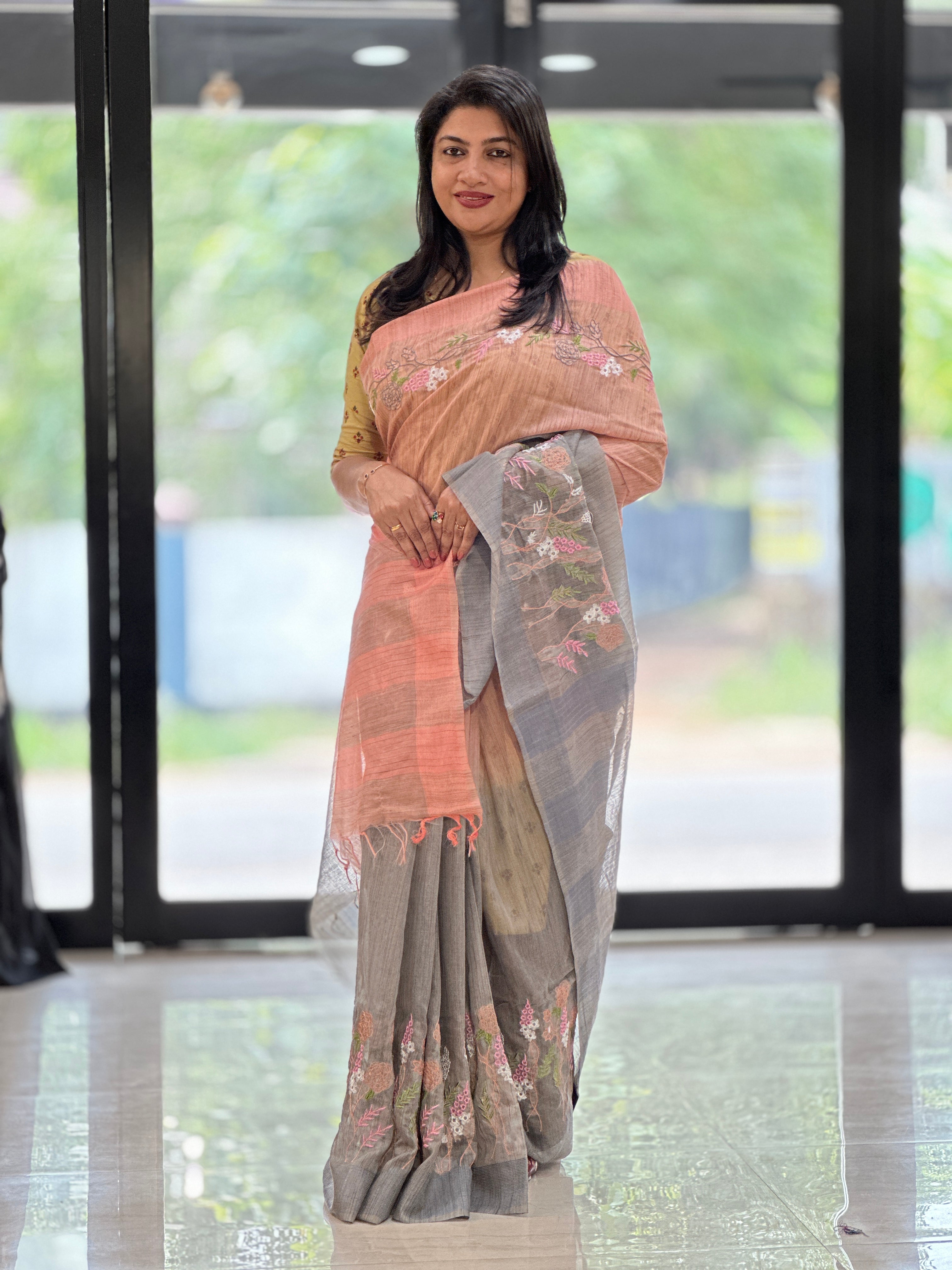 Embroidered Bhagalpuri Linen Saree | NHH262