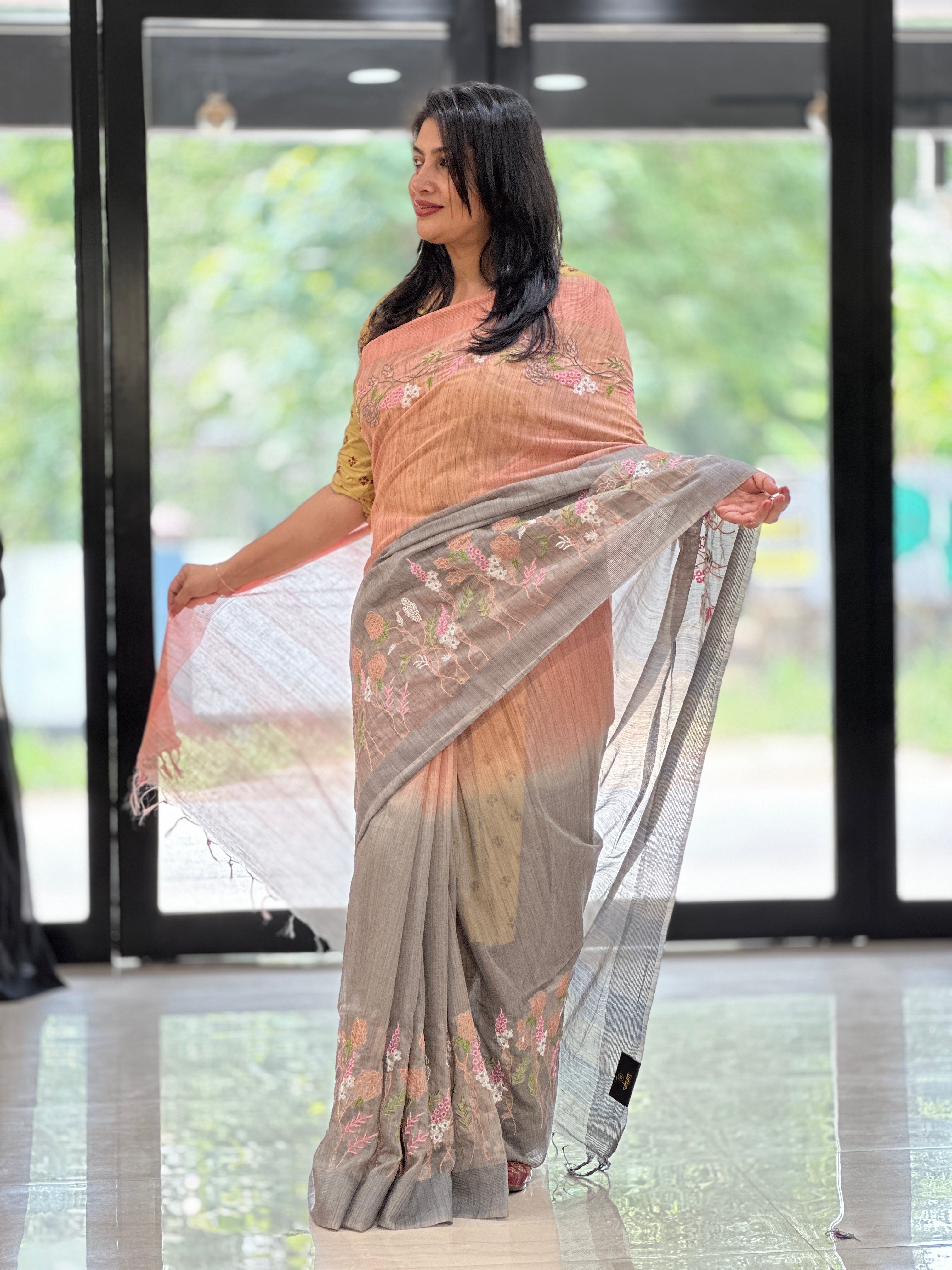 Embroidered Bhagalpuri Linen Saree | NHH262