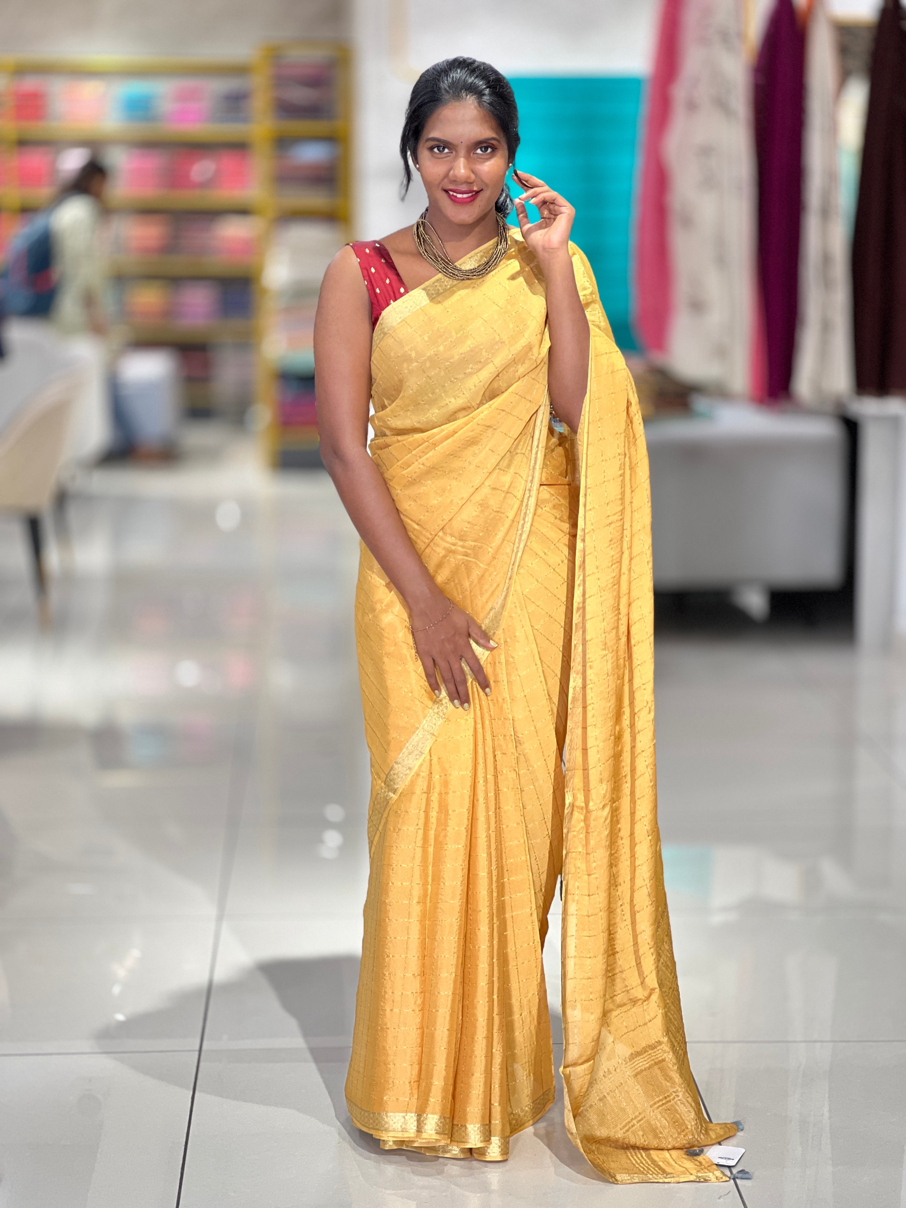 Zari Check Weaving Pattern Crispy Georgette Saree | DVS156