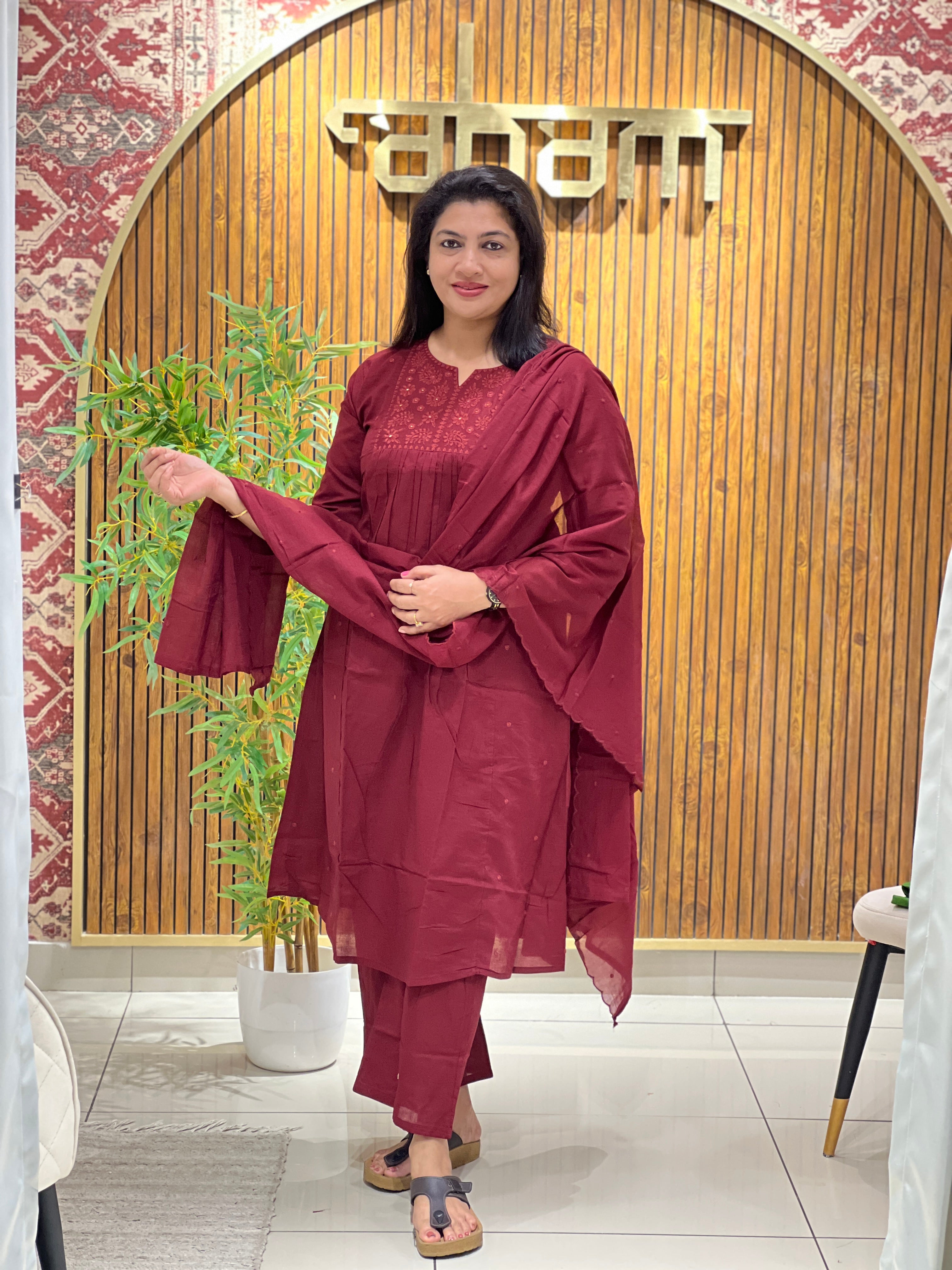 Lucknowi Machine Embroidery Cotton Kurta Set | OMF195