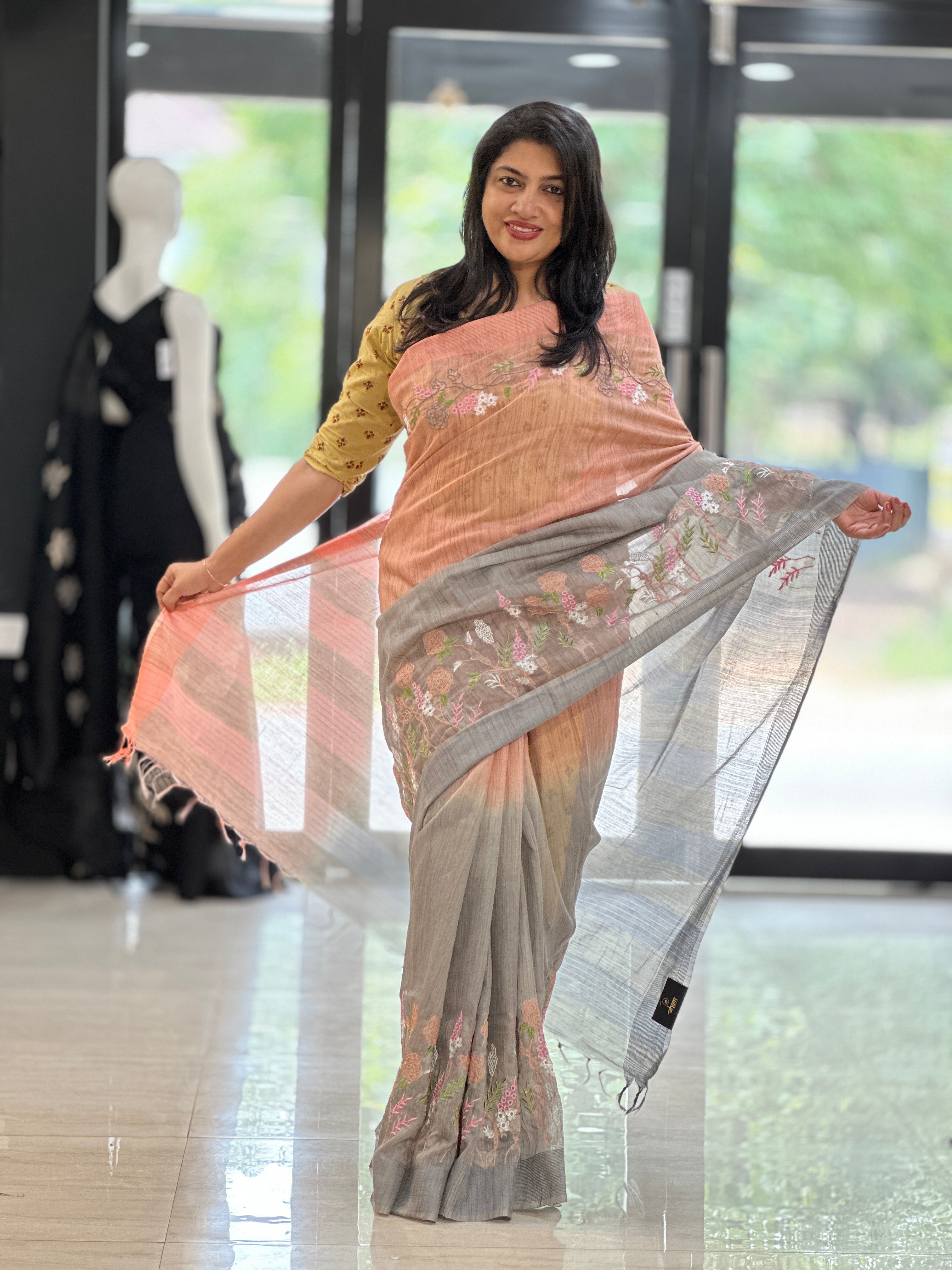 Embroidered Bhagalpuri Linen Saree | NHH262