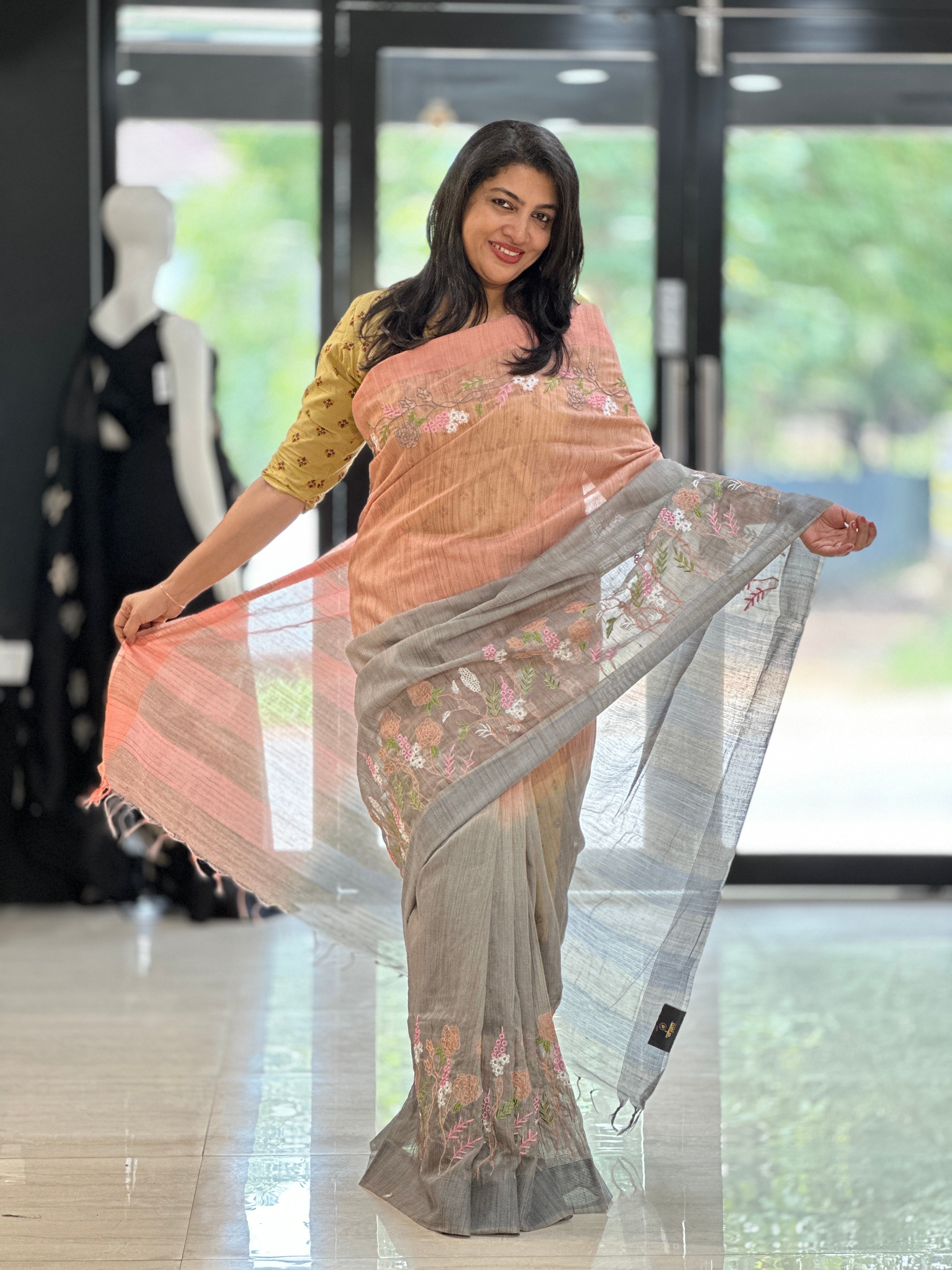 Embroidered Bhagalpuri Linen Saree | NHH262