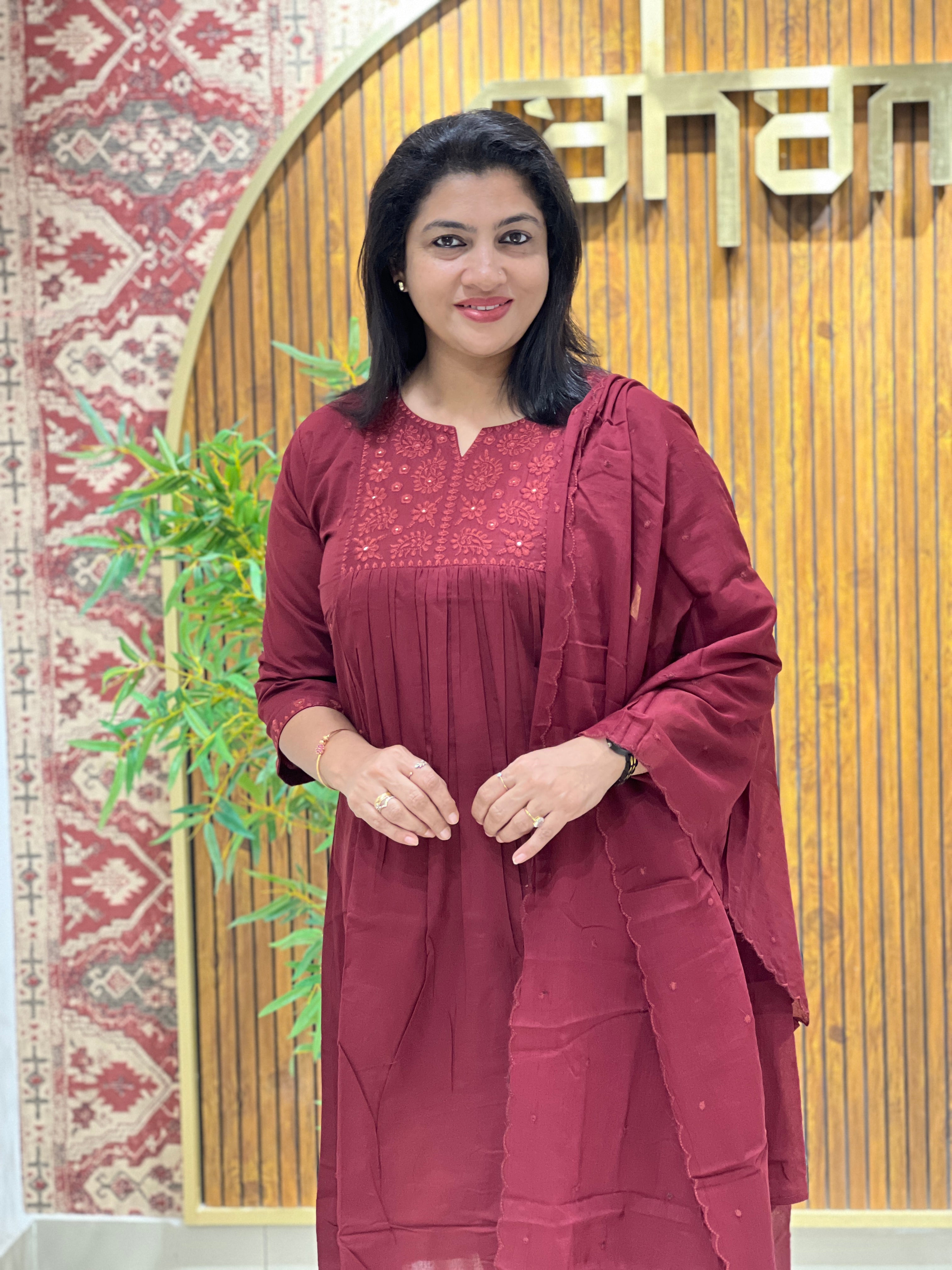 Lucknowi Machine Embroidery Cotton Kurta Set | OMF195