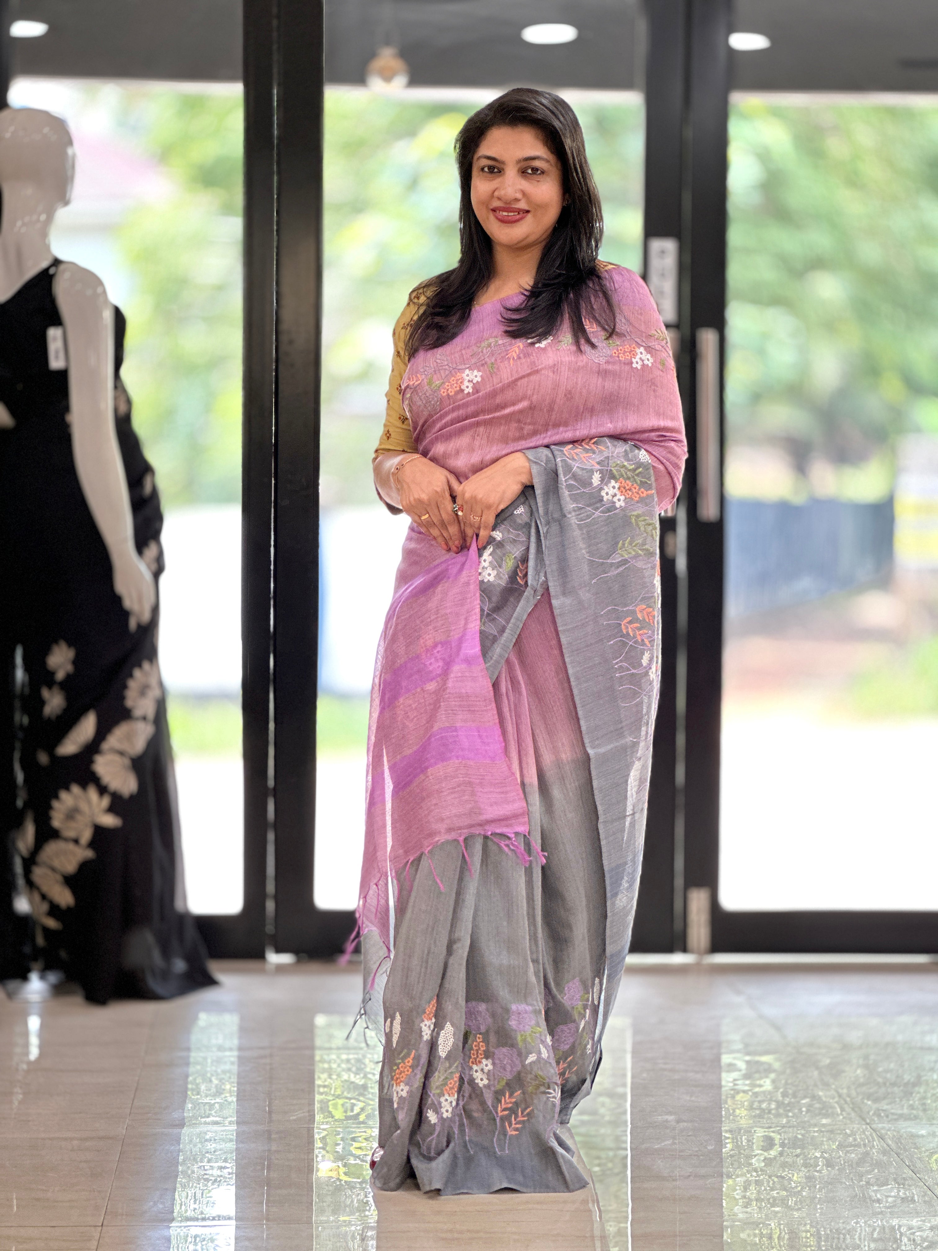 Embroidered Bhagalpuri Linen Saree | NHH264
