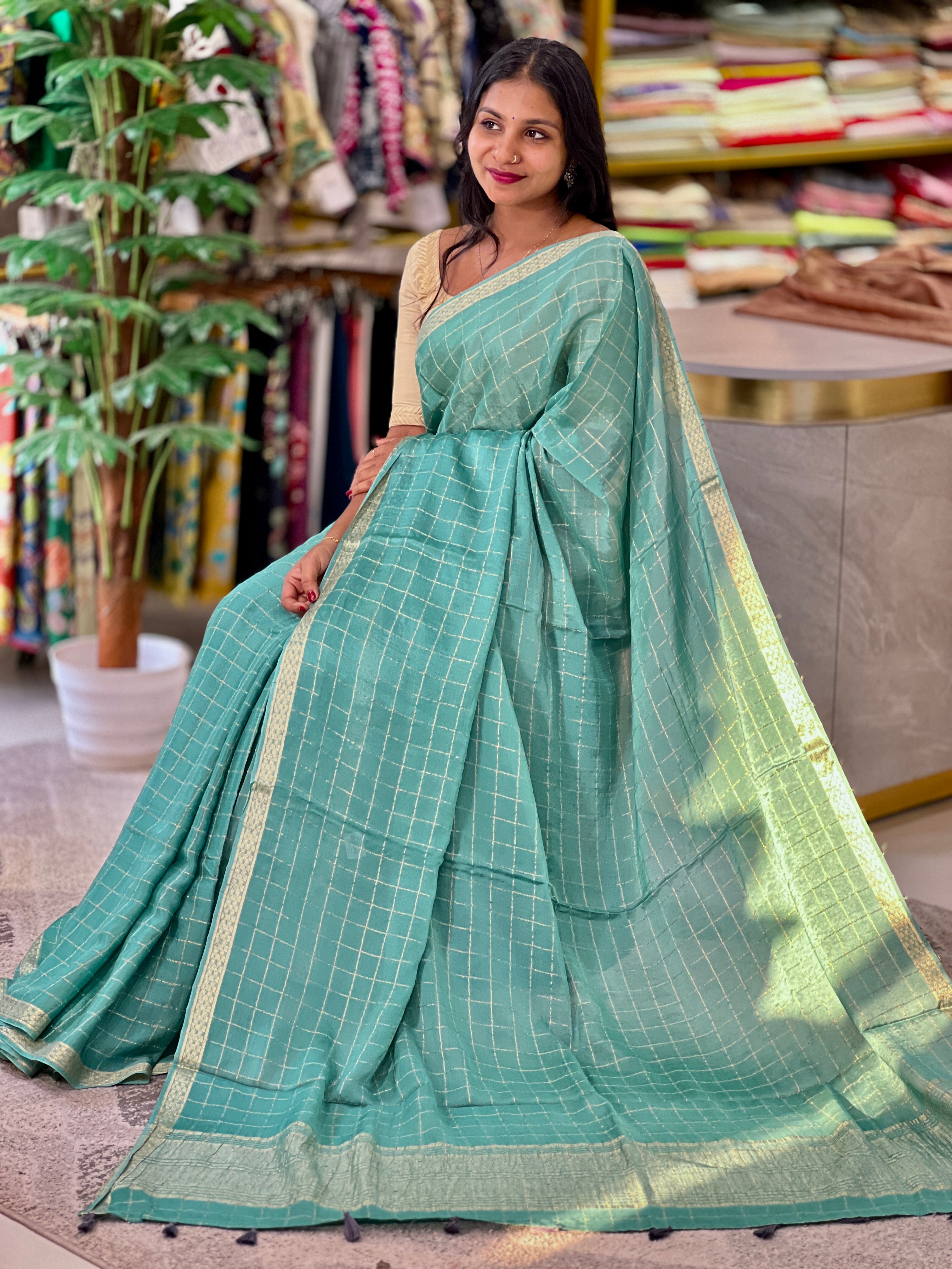 Zari Check Weaving Pattern Crispy Georgette Saree | DVS155