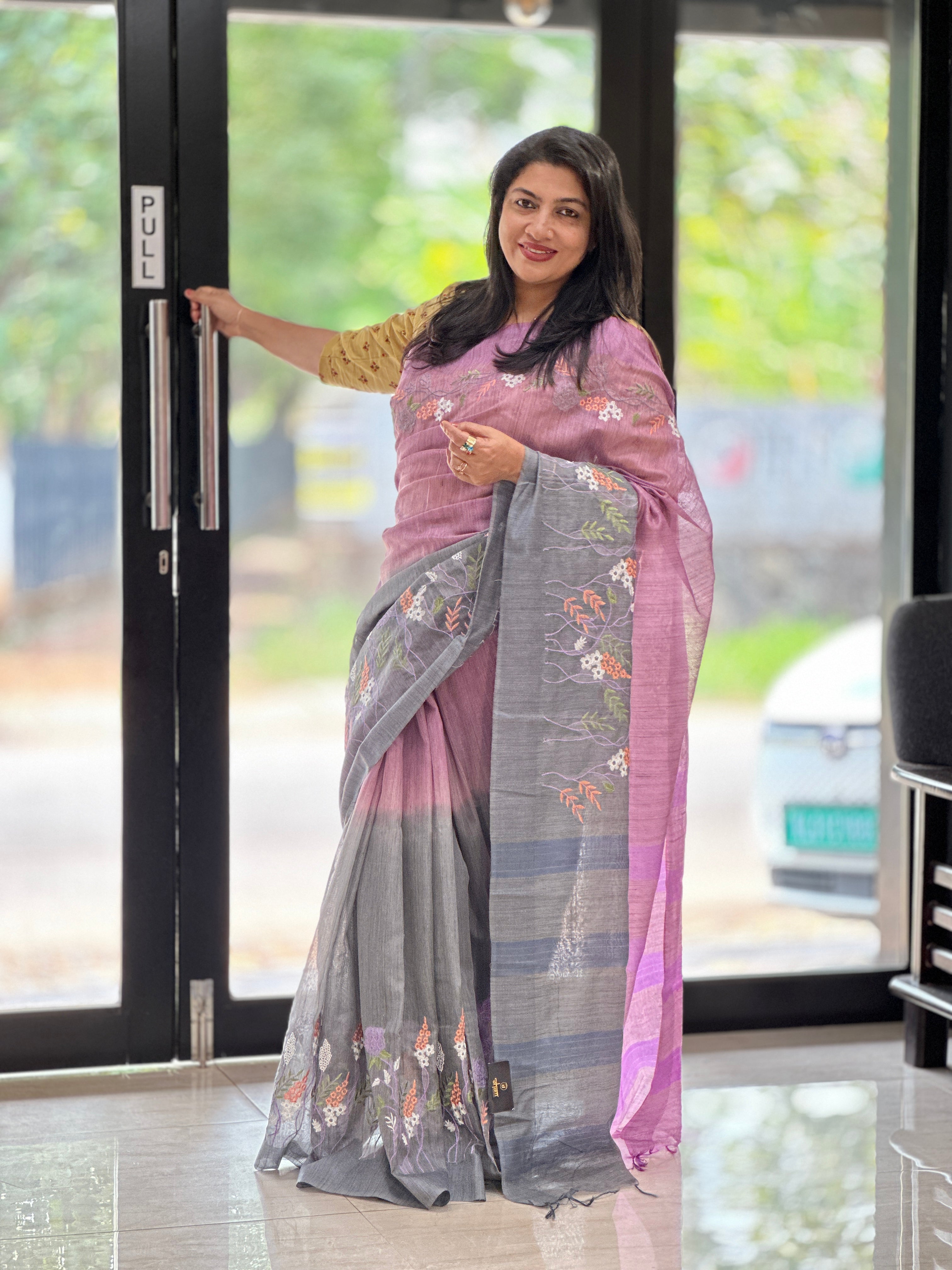 Embroidered Bhagalpuri Linen Saree | NHH264