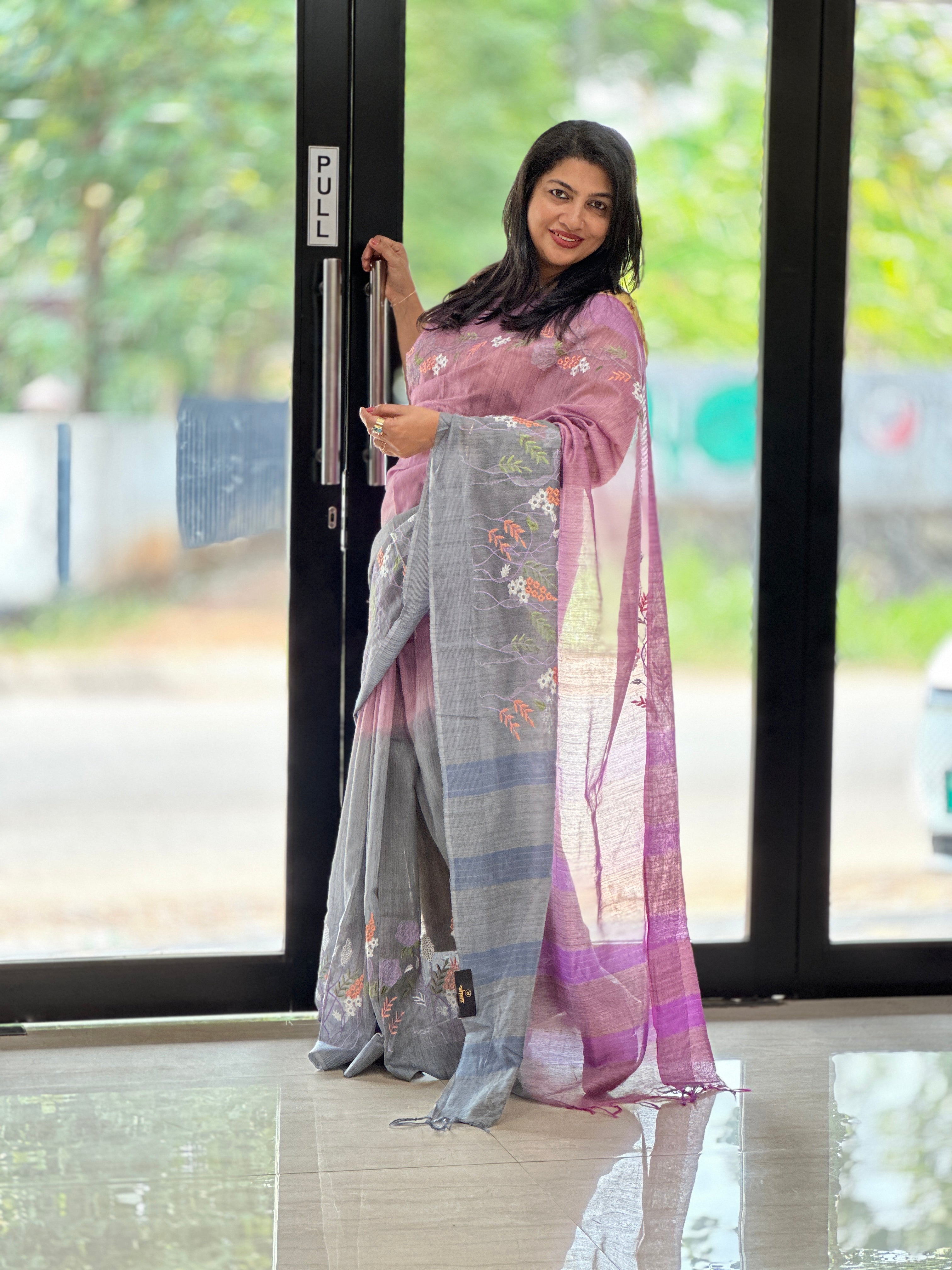 Embroidered Bhagalpuri Linen Saree | NHH264