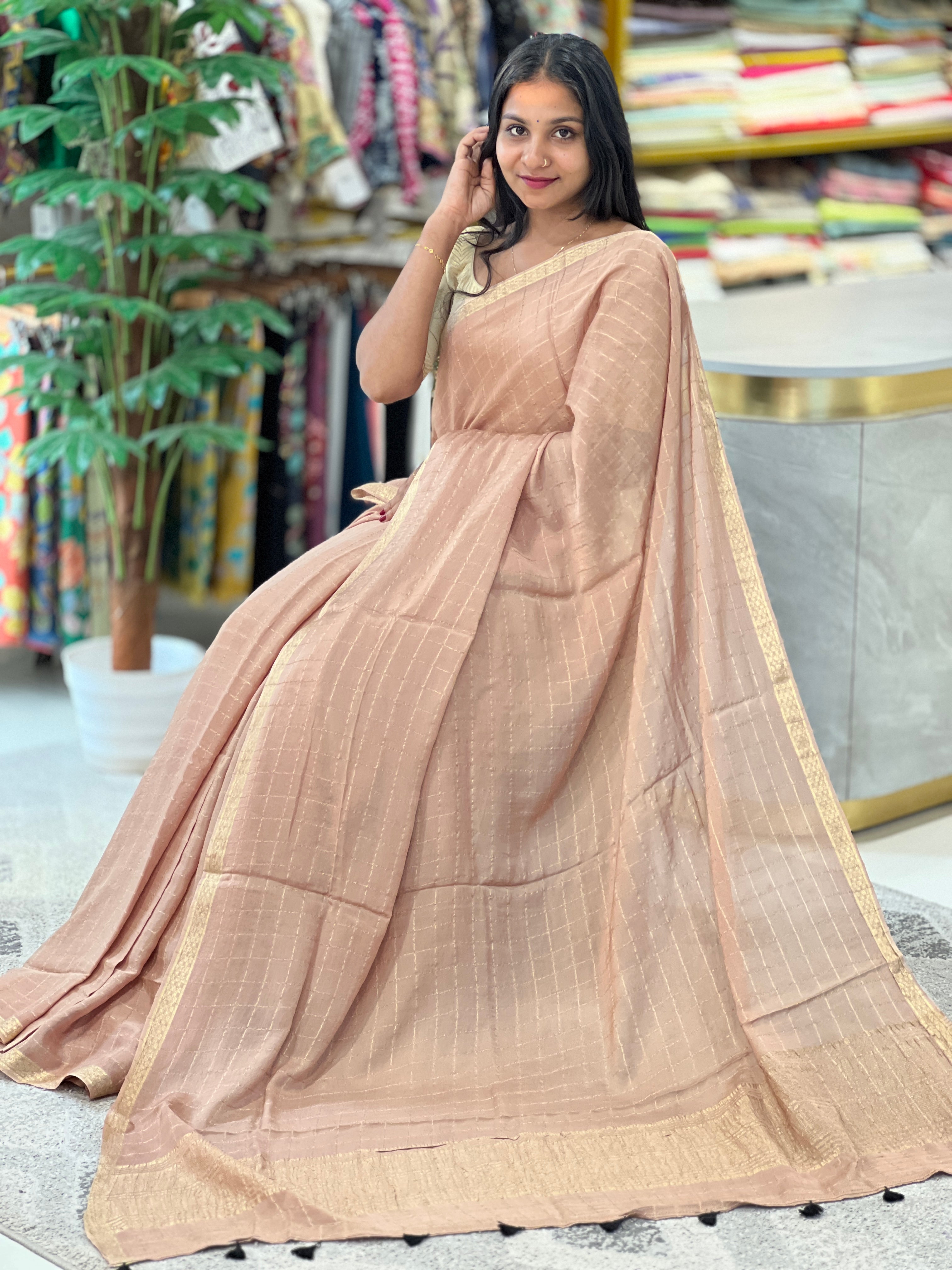 Zari Check Weaving Pattern Crispy Georgette Saree | DVS154