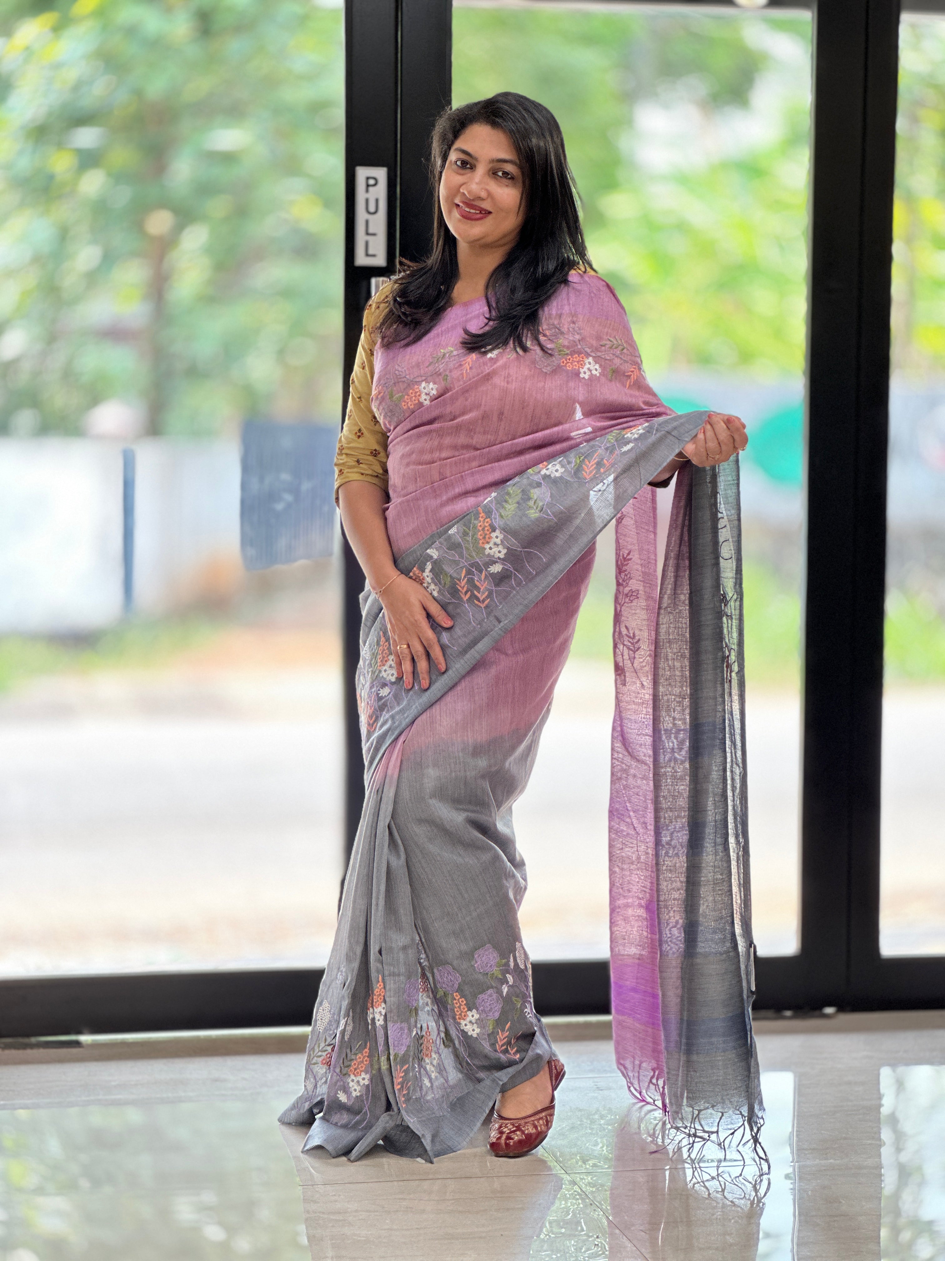 Embroidered Bhagalpuri Linen Saree | NHH264