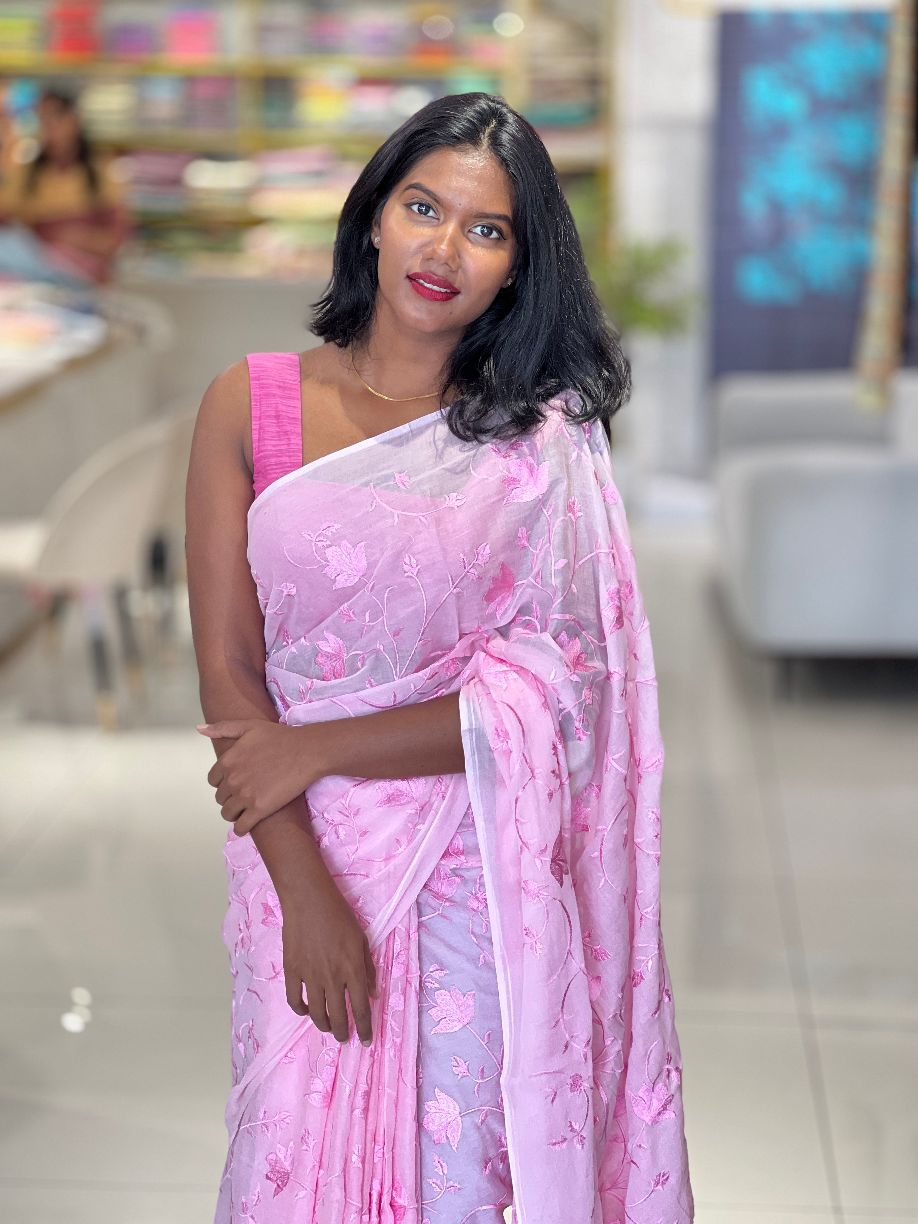 Floral Machine Embroidery Detailed Cotton Saree | VDA296