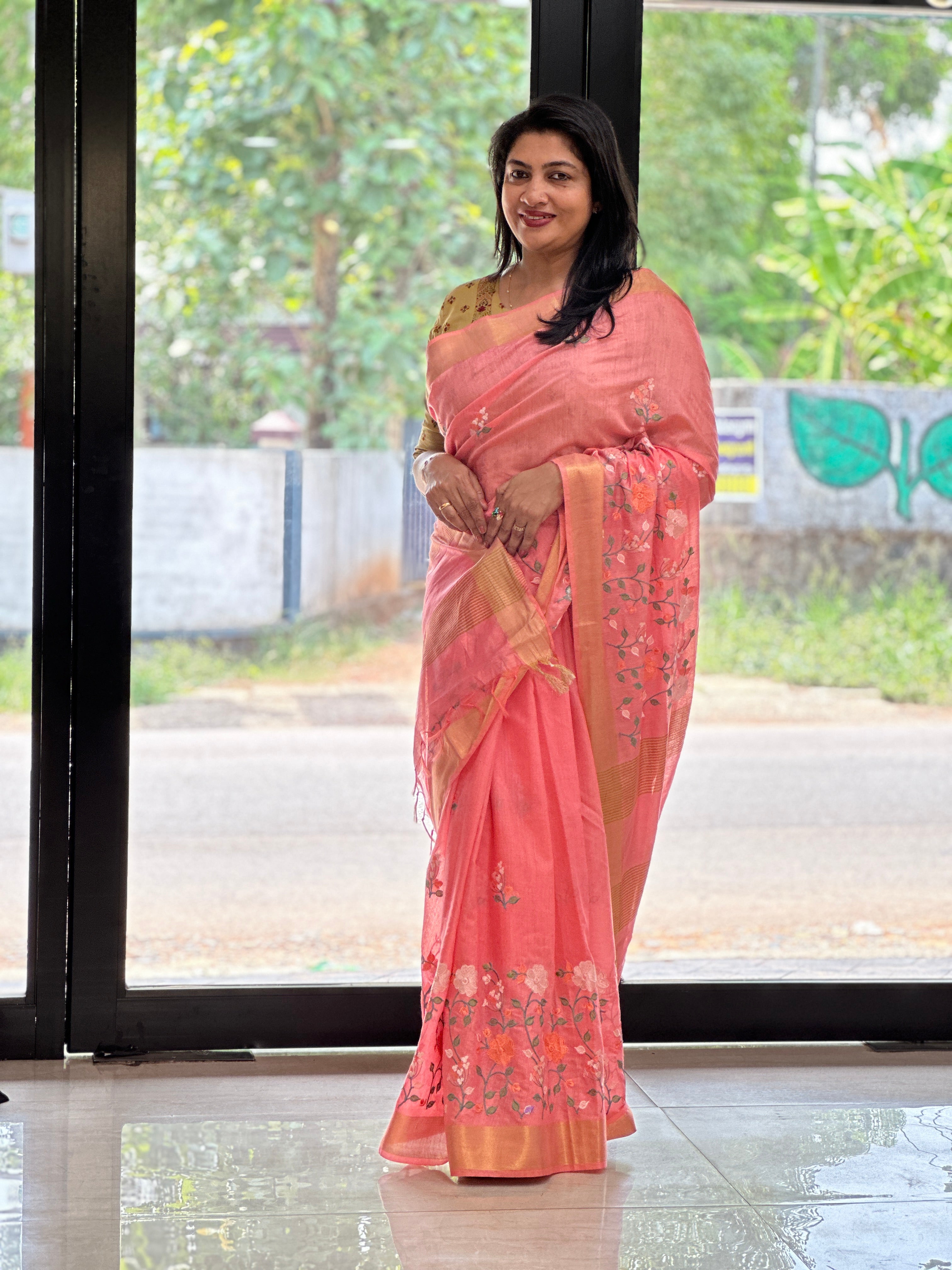 Floral Embroidery Bhagalpuri Linen Saree | NHH316
