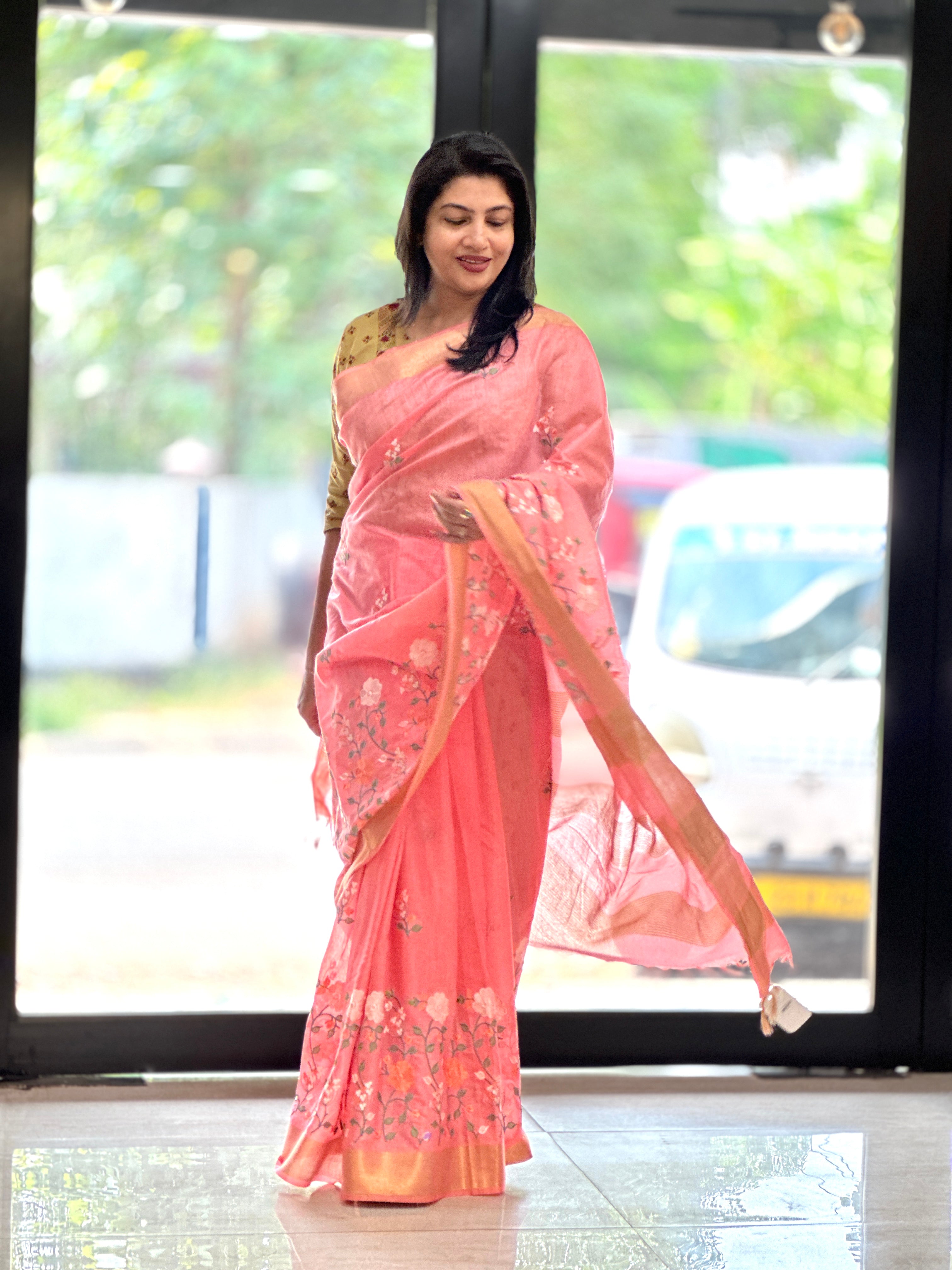 Floral Embroidery Bhagalpuri Linen Saree | NHH316