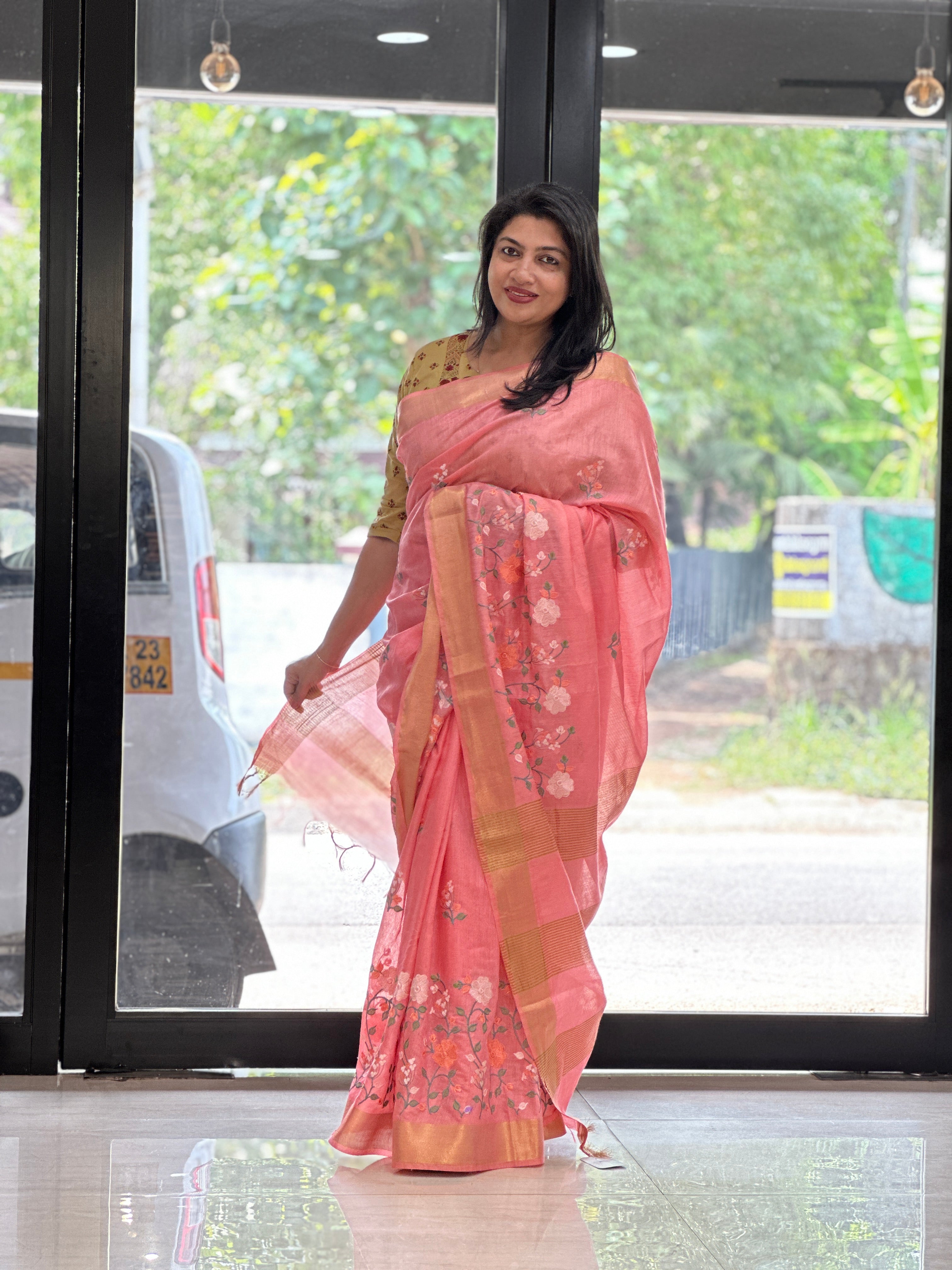 Floral Embroidery Bhagalpuri Linen Saree | NHH316