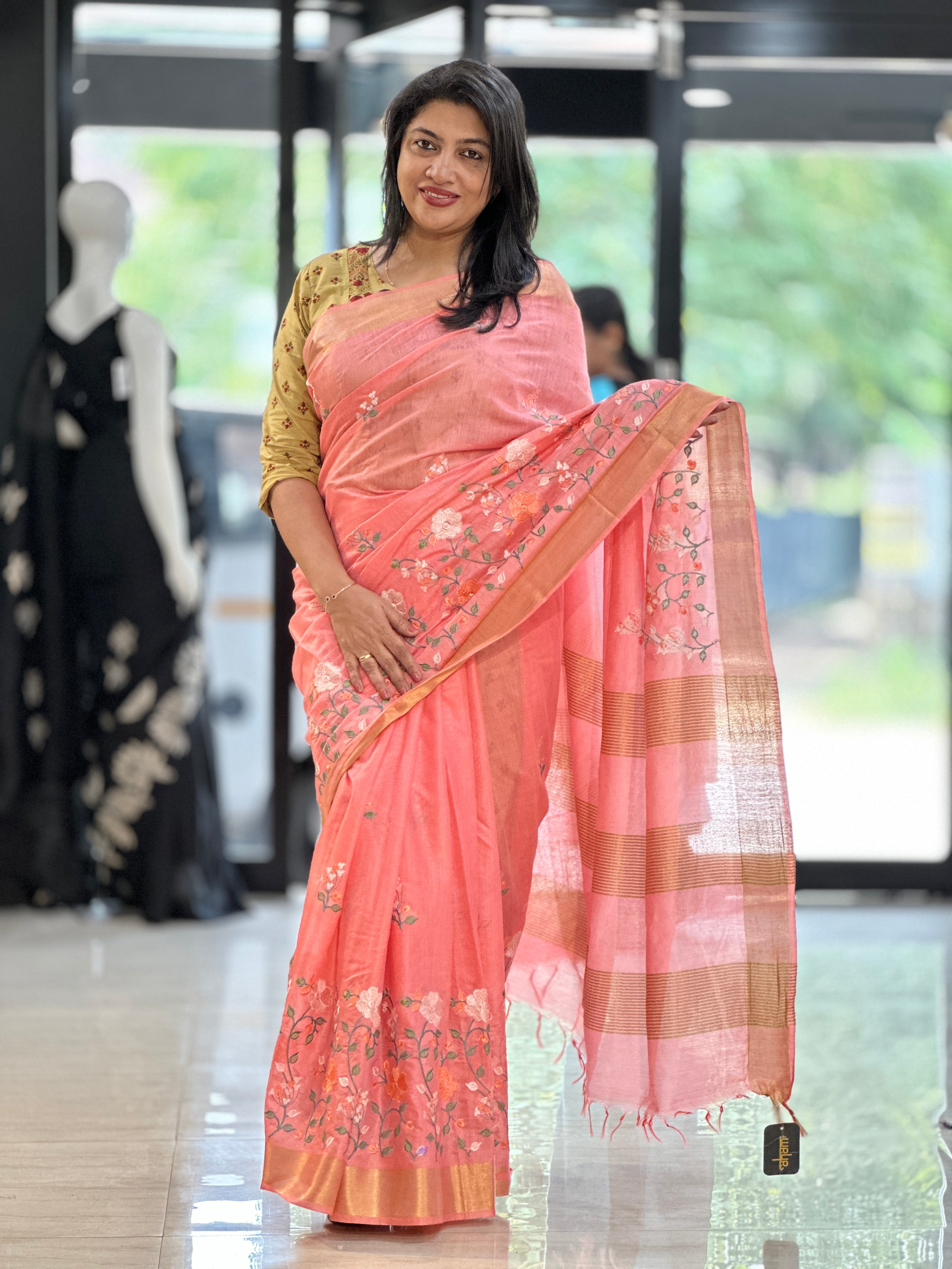 Floral Embroidery Bhagalpuri Linen Saree | NHH316