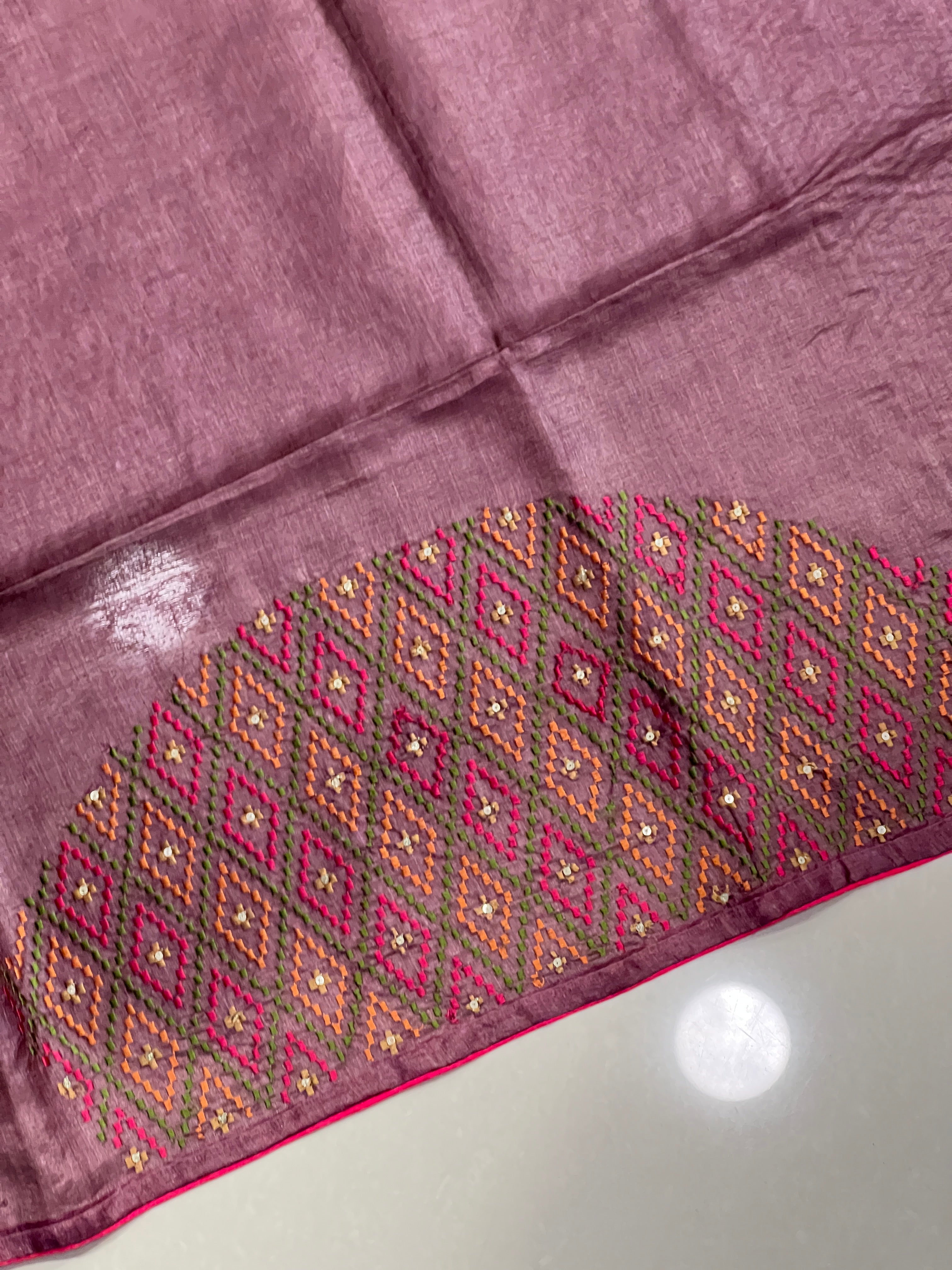 Machine Embroidered Kantha Weaving Pure Tussar Saree | RGD727