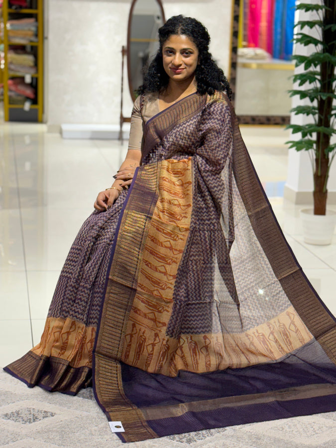 Block Printed Chanderi Silk Saree With Banarasi Borders | RGD505