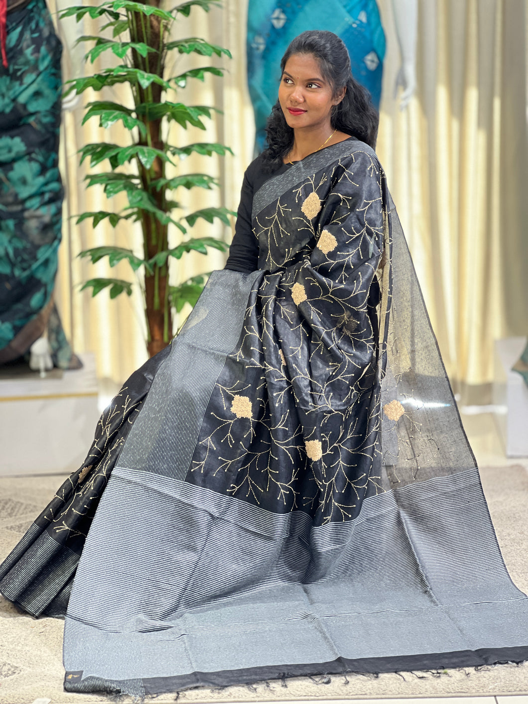 Thread Embroidery Pure Tussar Saree  | RGD713
