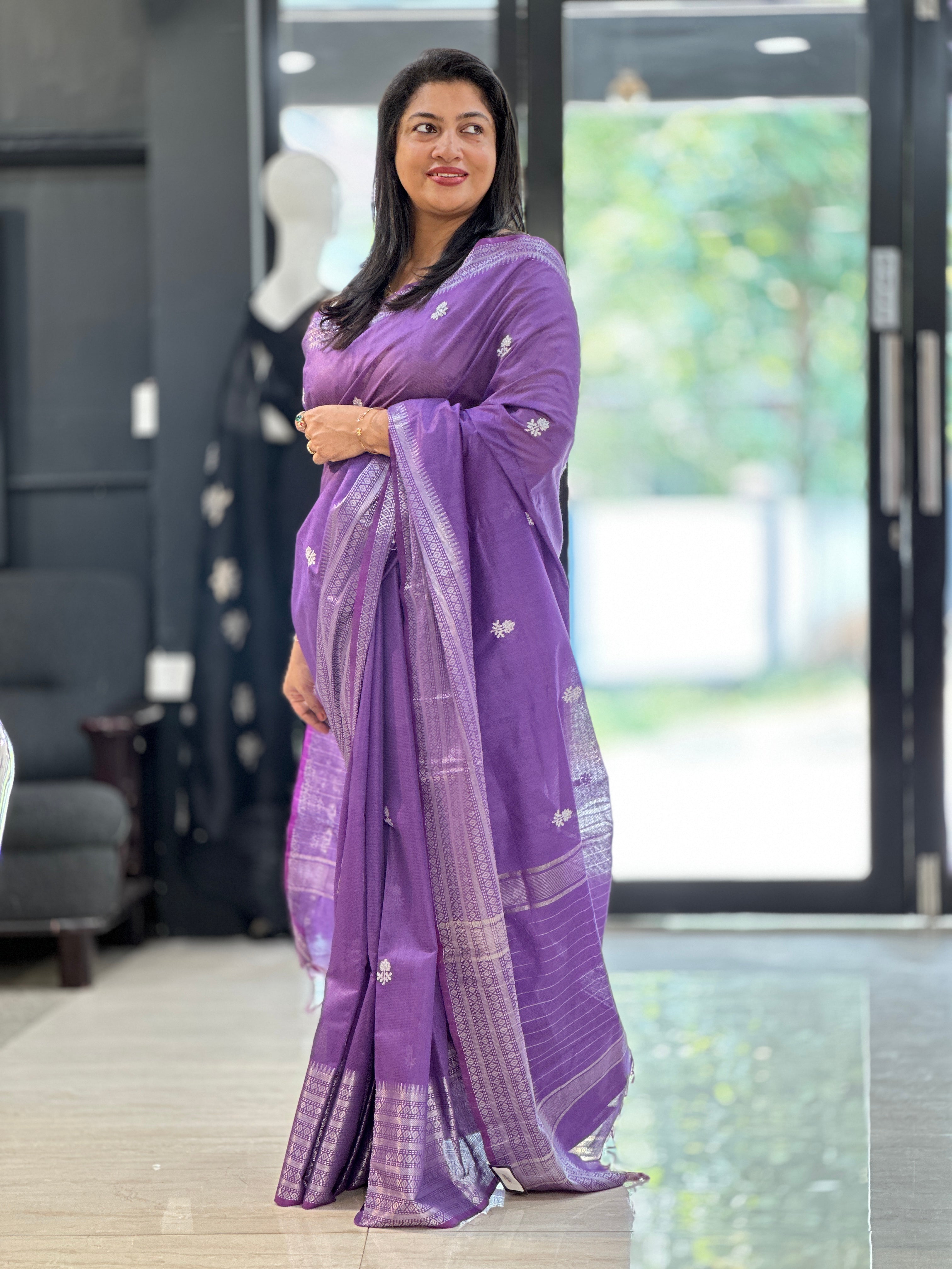 Floral Embroidery Bhagalpuri Linen Saree | NHH455