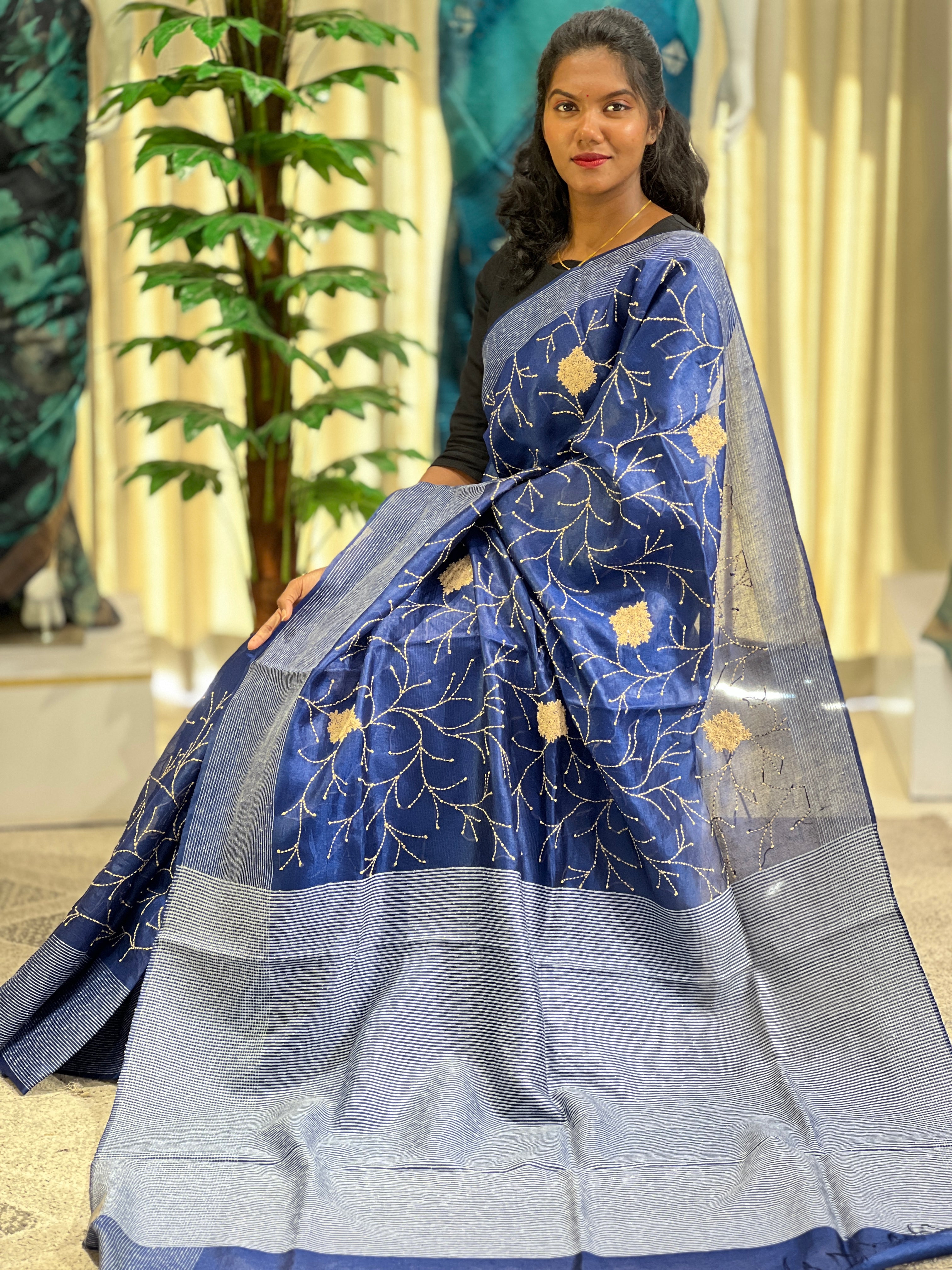 Thread Embroidery Pure Tussar Saree  | RGD711