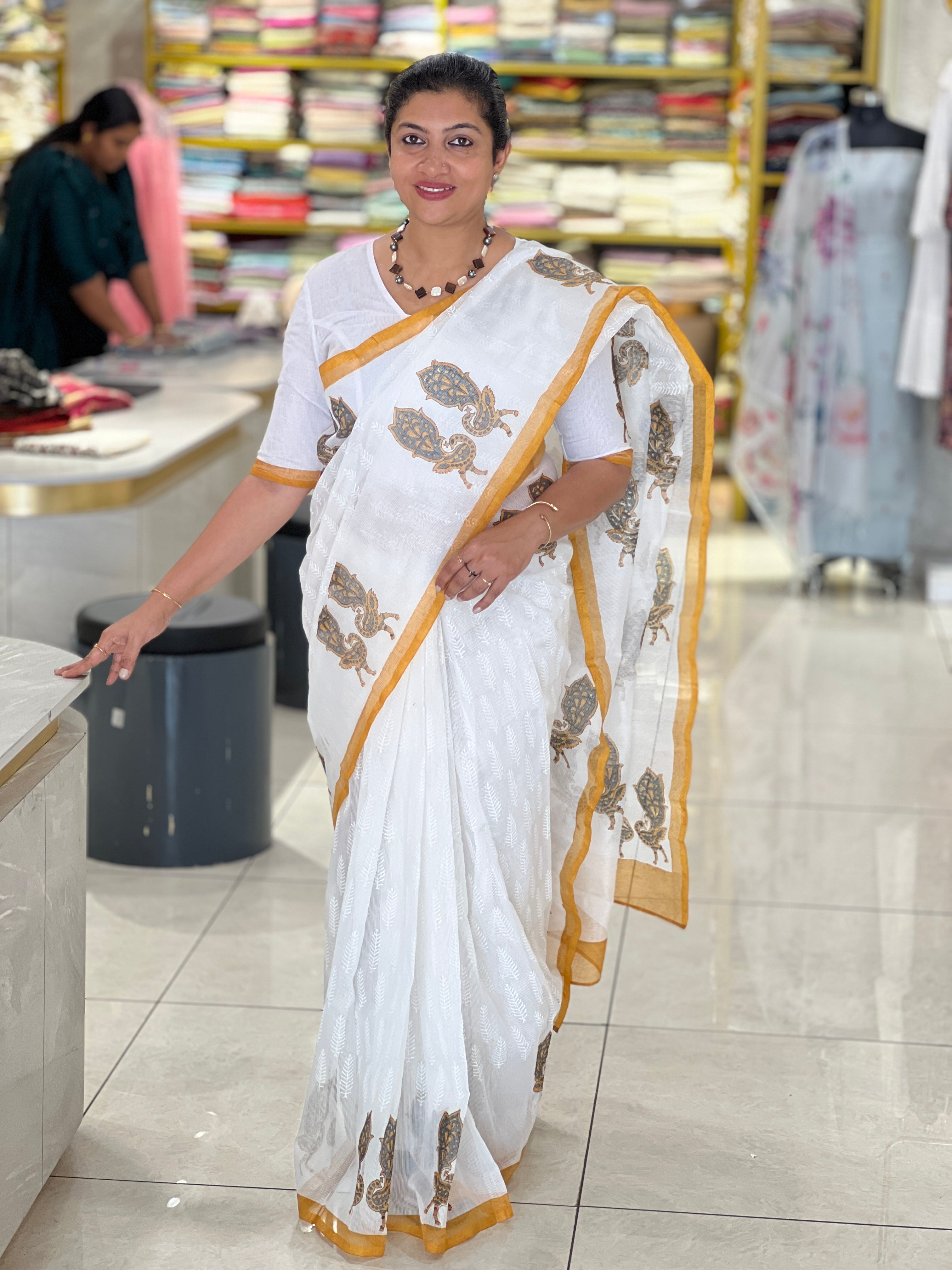 Hand Block Printed Supernet Kota Saree | JSC106