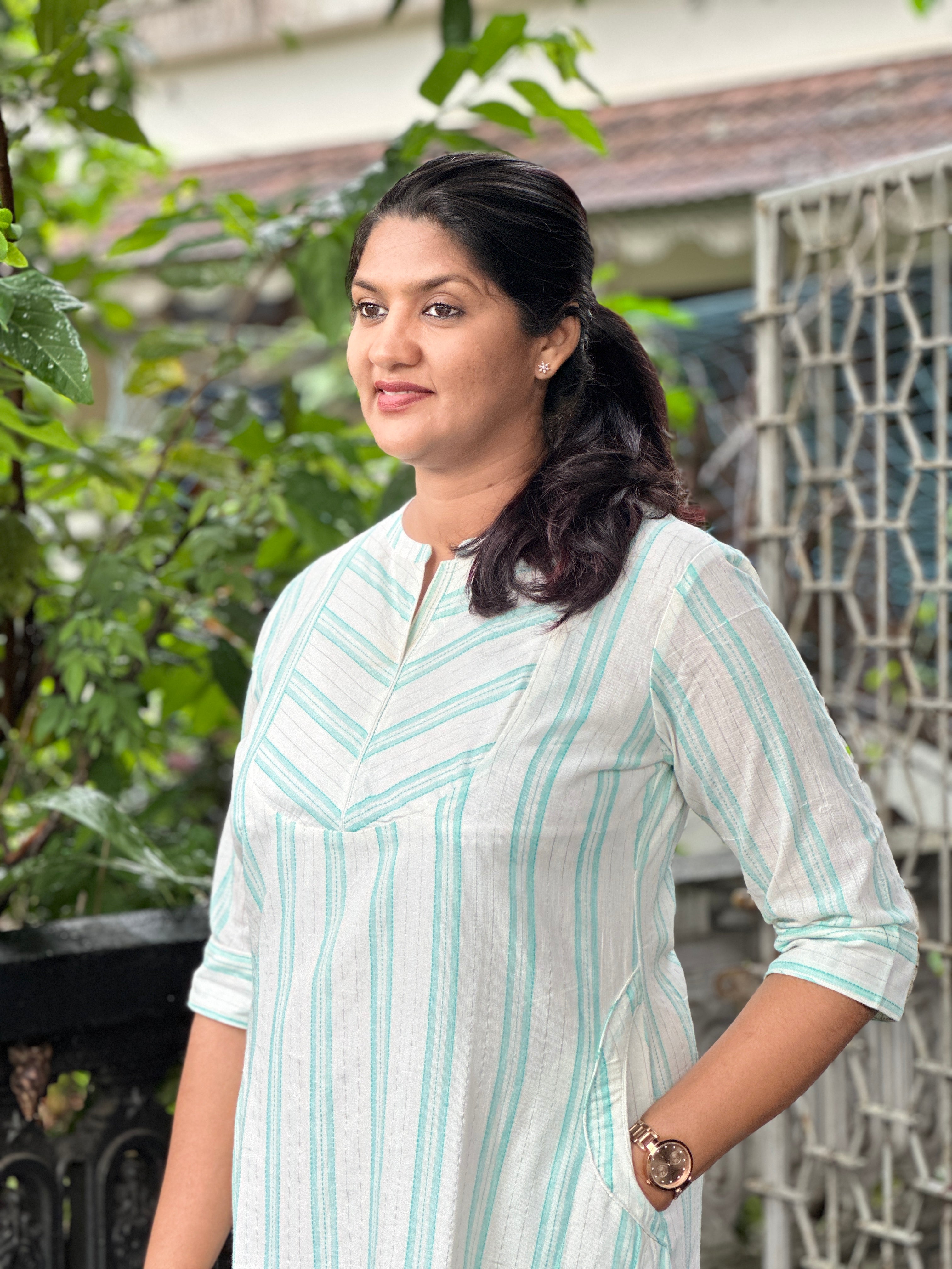 Stripe Weaving Pattern Cotton Kurta | GHB109