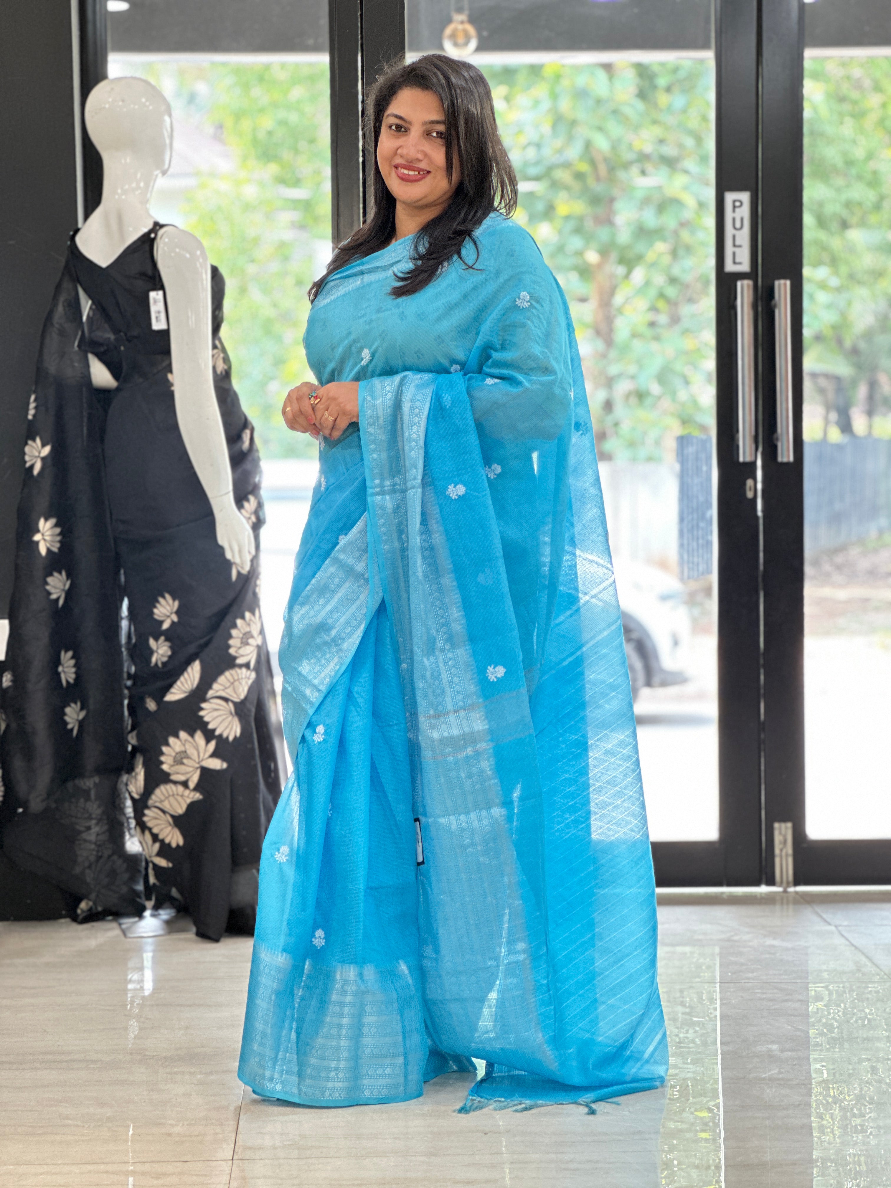 Floral Embroidery Bhagalpuri Linen Saree | NHH452