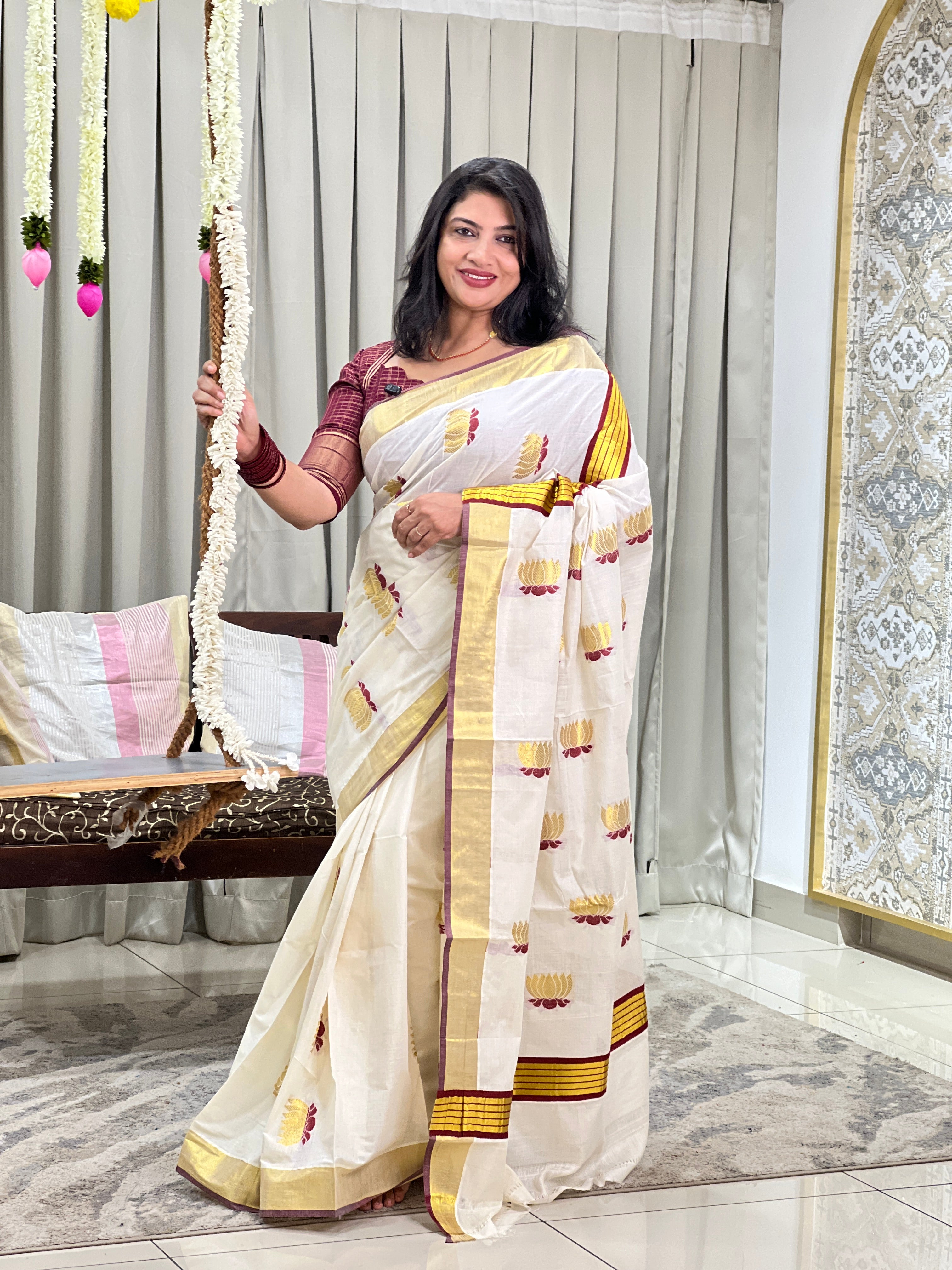 Lotus Pattern Kerala Cotton Saree | GAT425