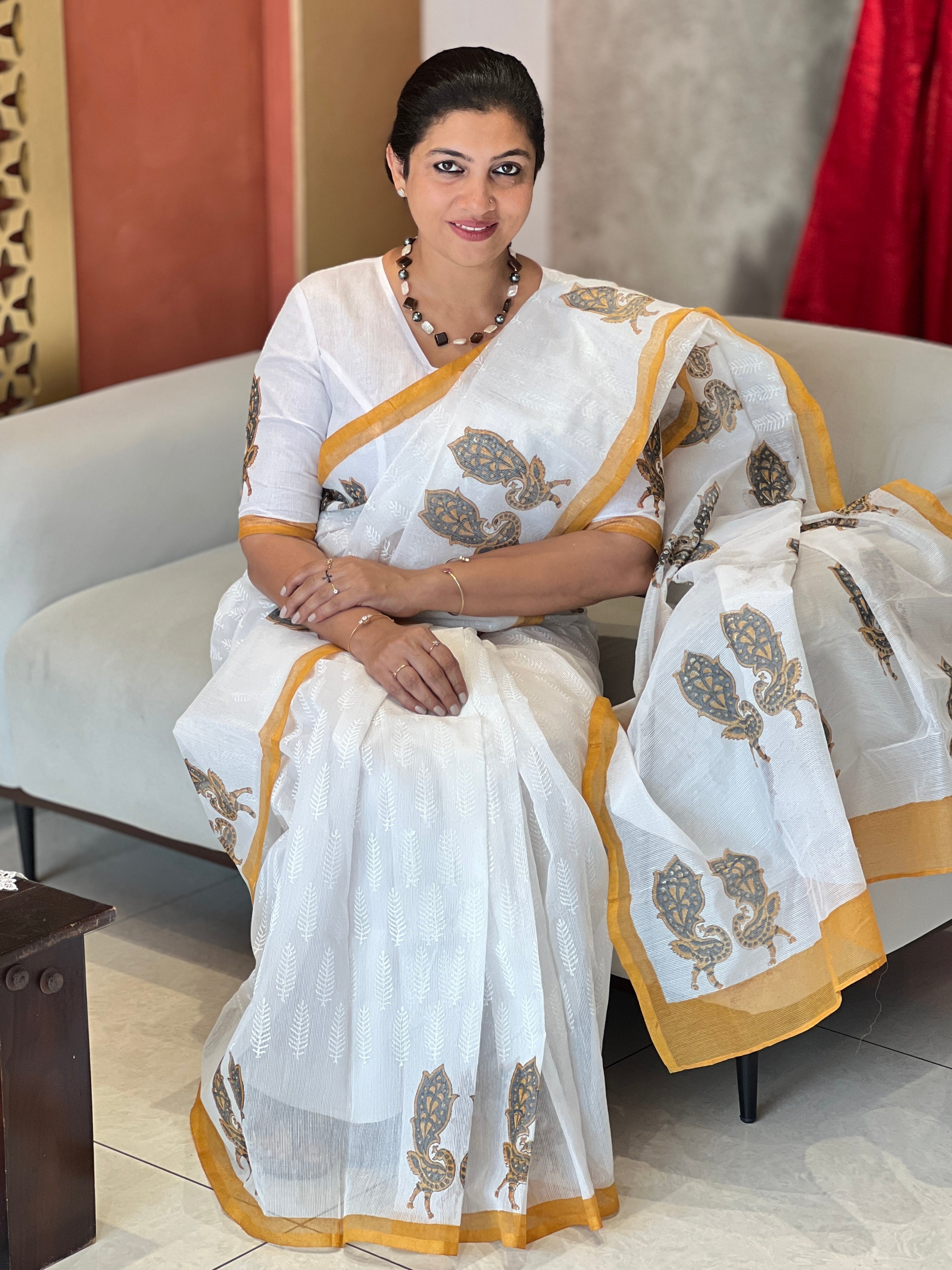Hand Block Printed Supernet Kota Saree | JSC106