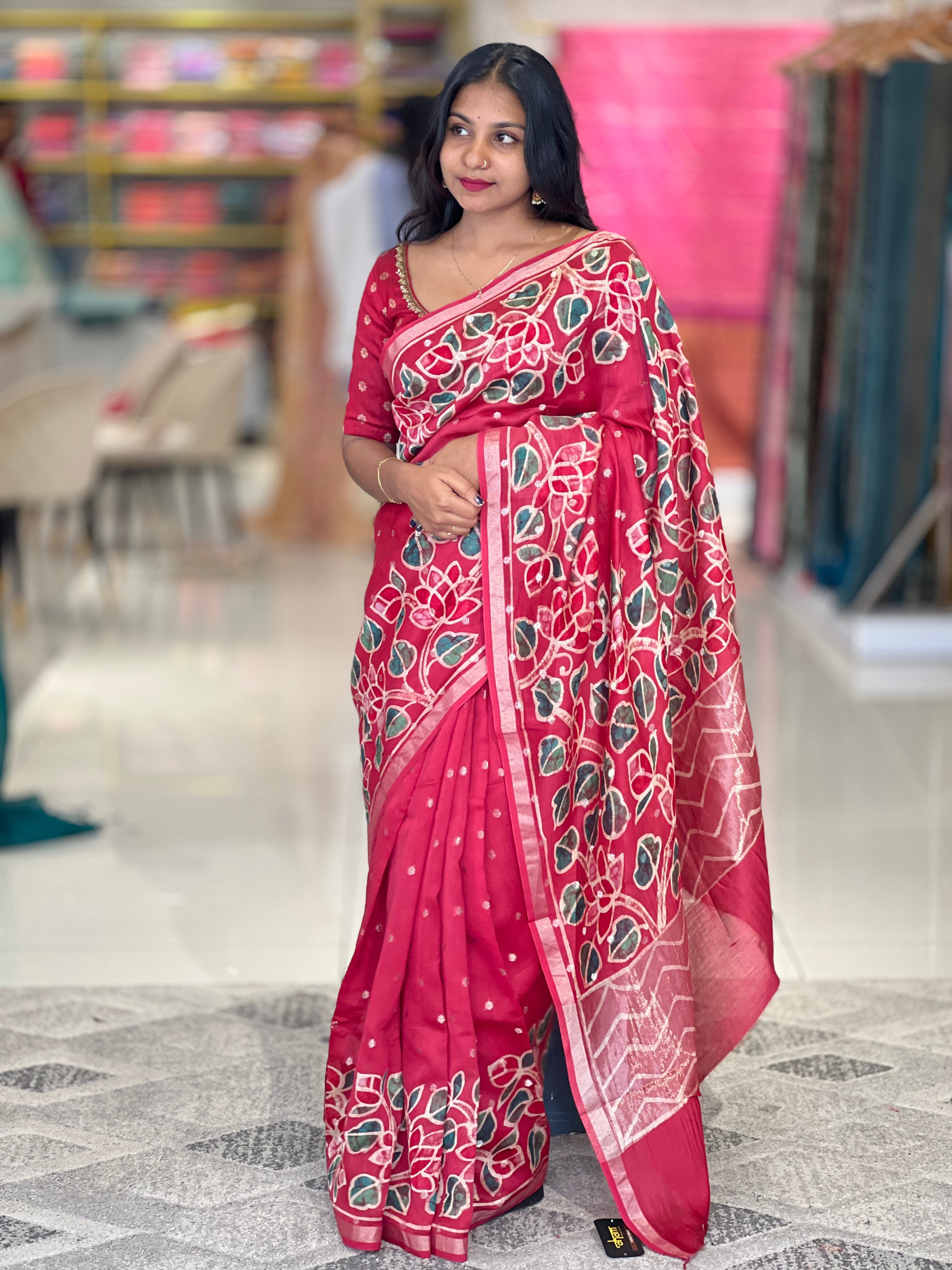 Batik Floral Printed Chanderi Silk Saree | RGD644